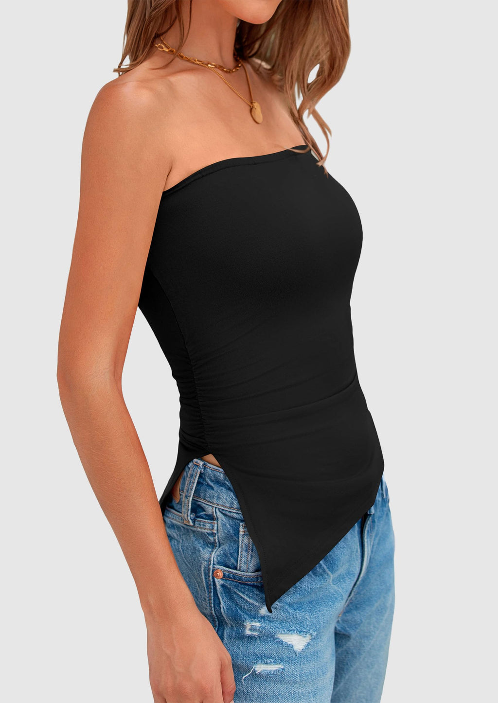 Womens Summer Tube Tops Trendy Strapless Ruched Going Out Tops Outfits Asymmetrical Bandeau Shirts