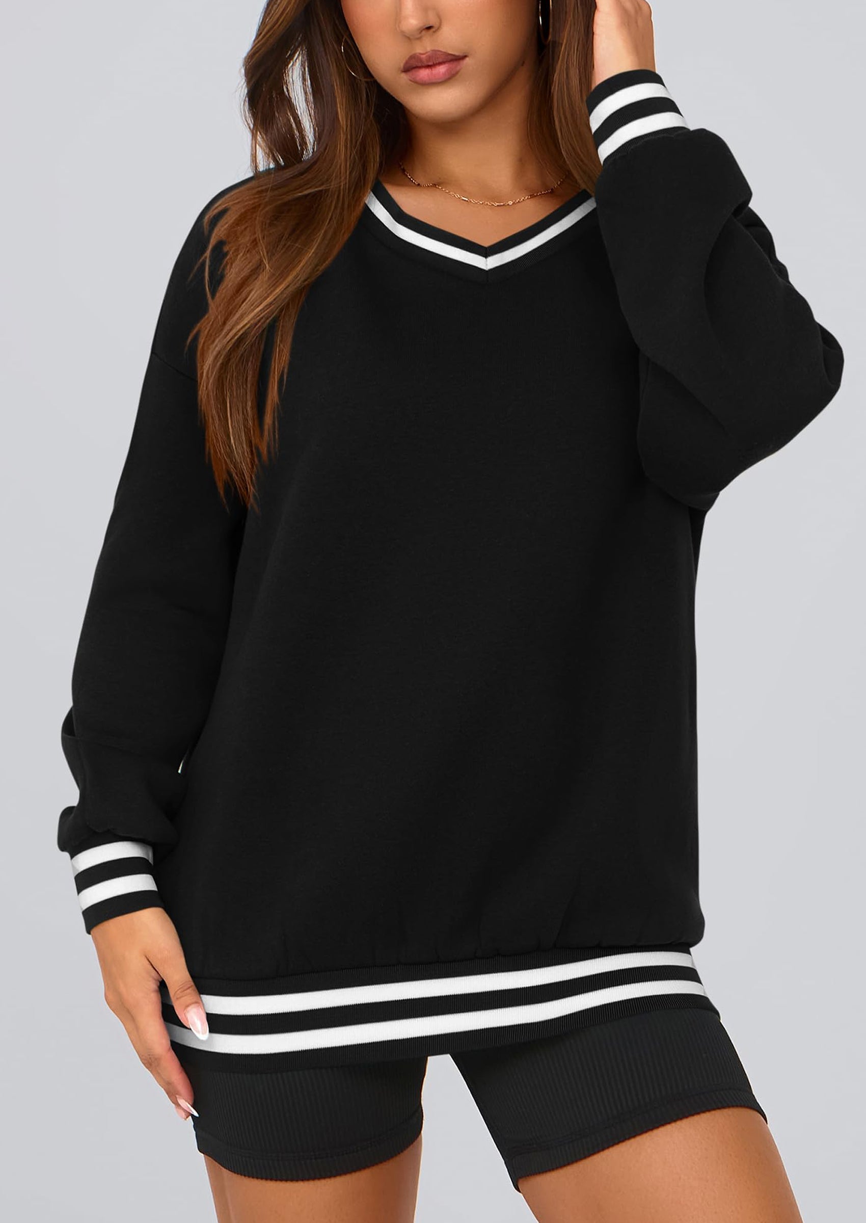 Women's Oversized Sweatshirts Casual Long Sleeve Stripes Knit V Neck Pullover Top Fall Teens Preppy Clothes