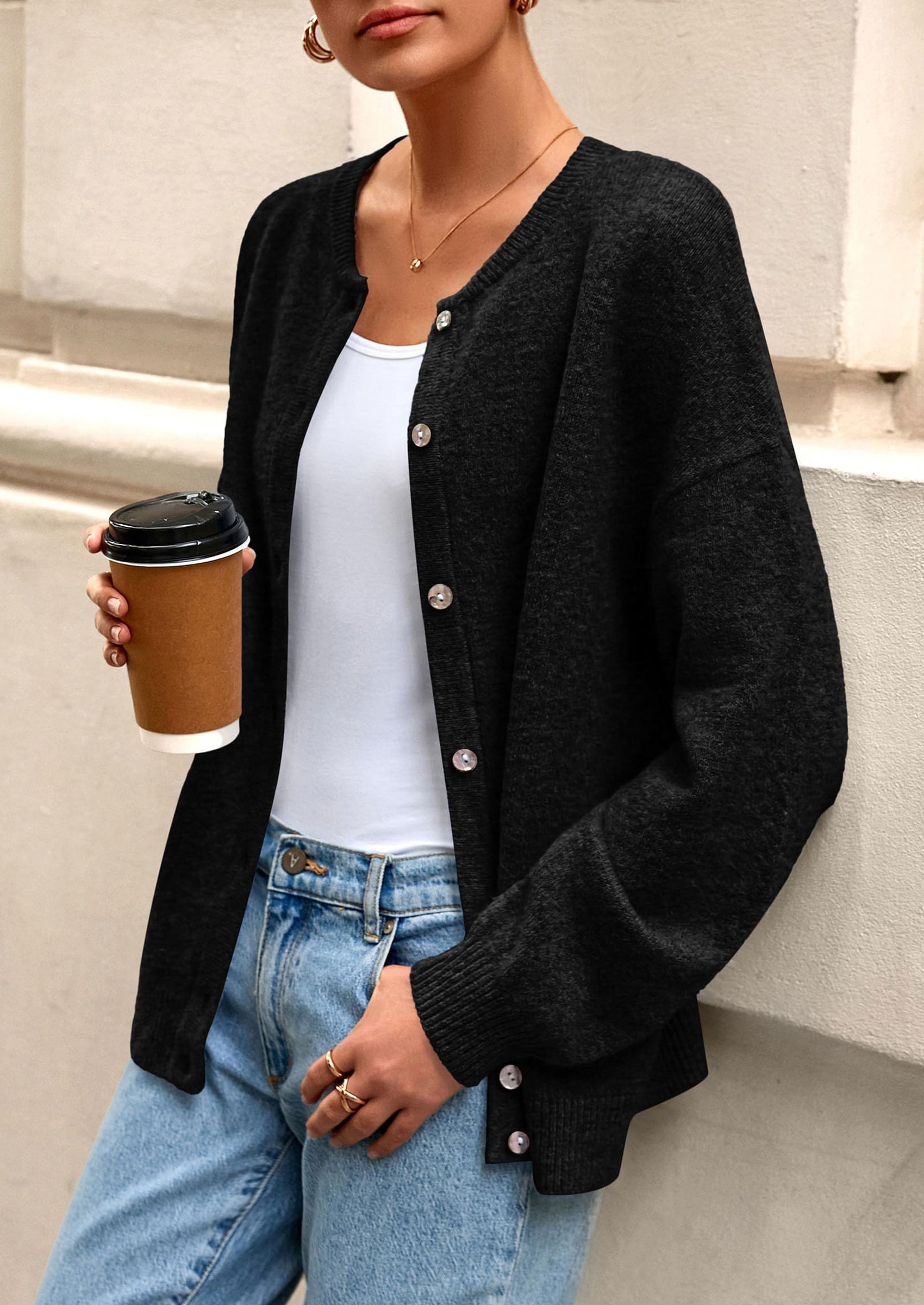 Fall Long Sleeve Cardigans for Women Trendy Open Front Winter Button Down Crewneck Soft Knit Sweater Jacket