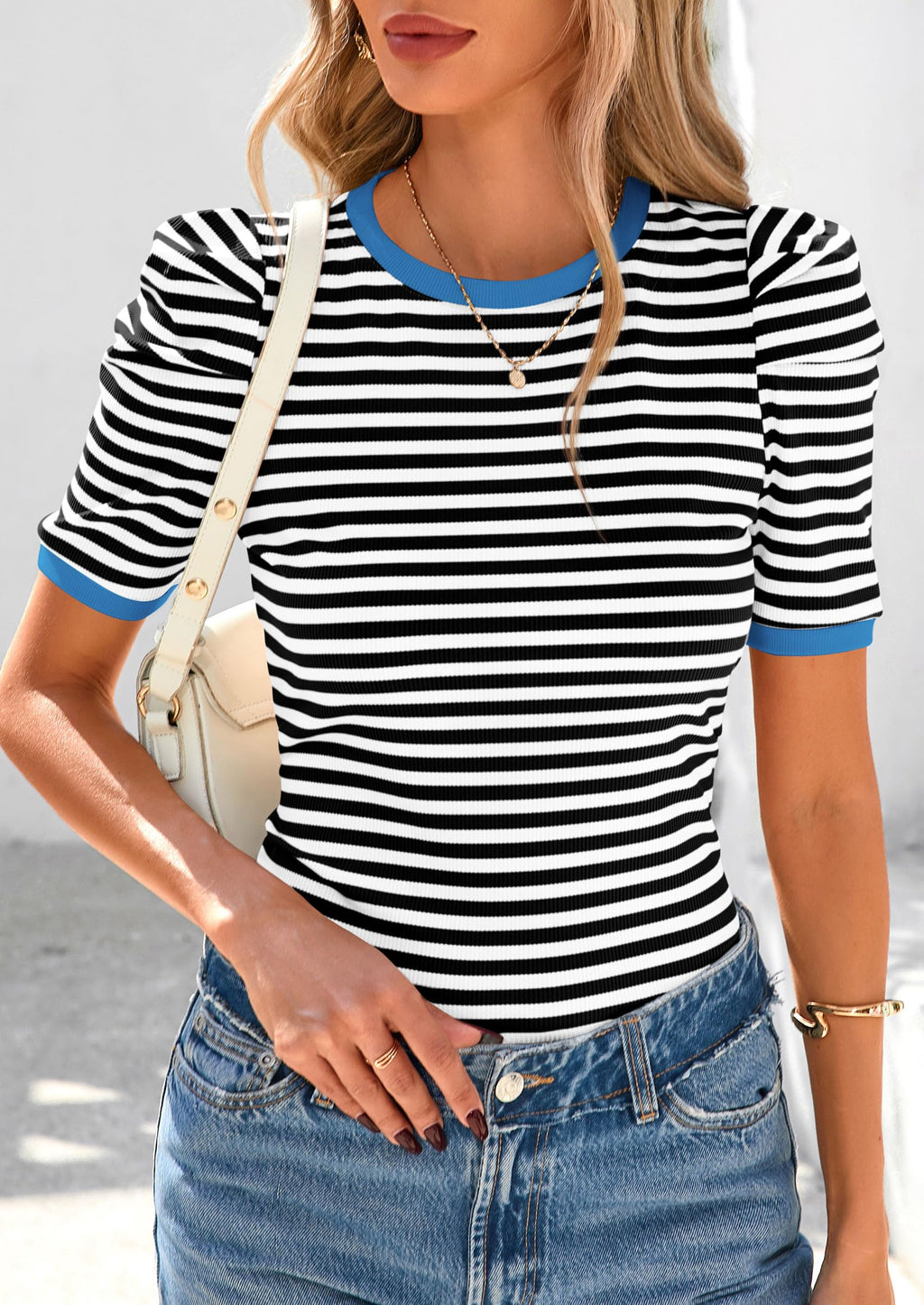 Women's Summer Puff Sleeve Tops Casual Ribbed Knit Crop Top Color Block Trendy Crewneck Striped Shirts