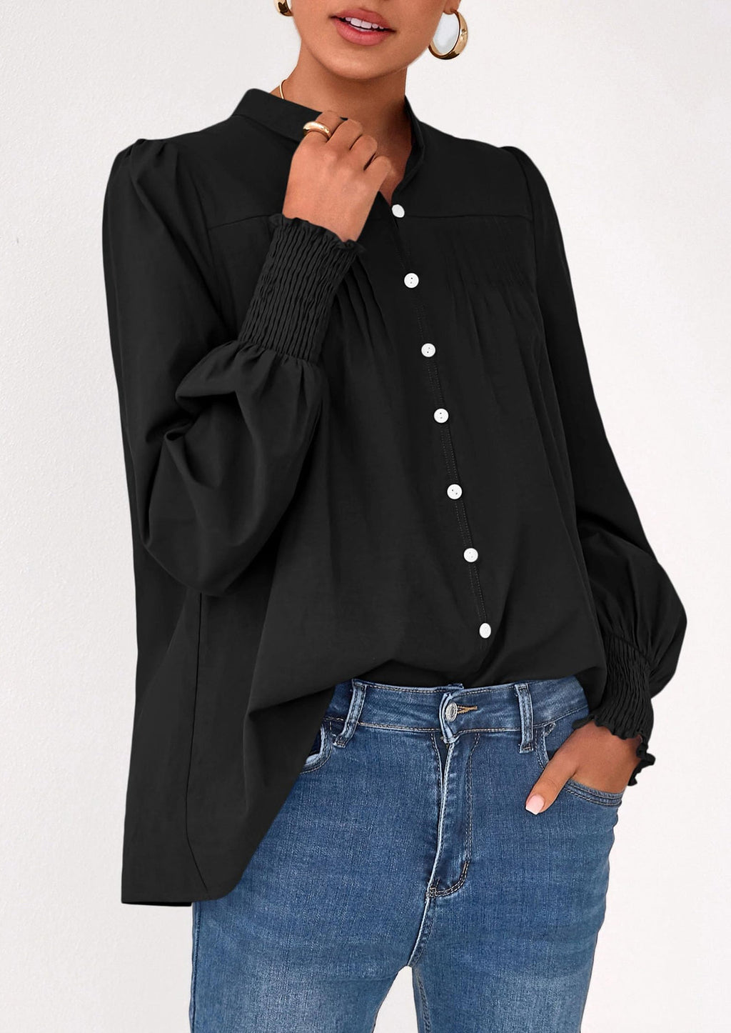 Womens Fall Lantern Long Sleeve Shirts Trendy Button V Neck Pleated Henley Tops Loose Work Blouses