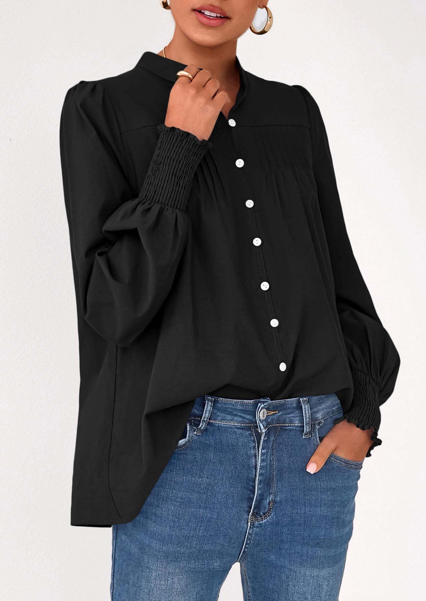 Womens Fall Lantern Long Sleeve Shirts Trendy Button V Neck Pleated Henley Tops Loose Work Blouses