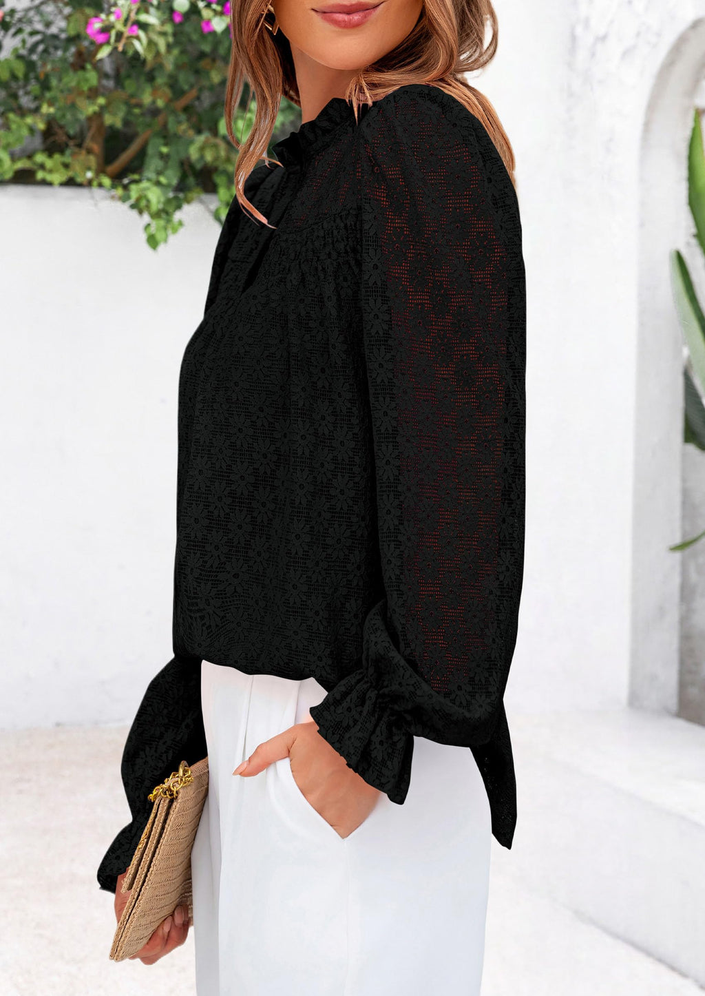 Lace Long Sleeve Tops for Women Eyelet Blouses Dressy Casual Hollow Out Button Down Shirts Summer Outfits