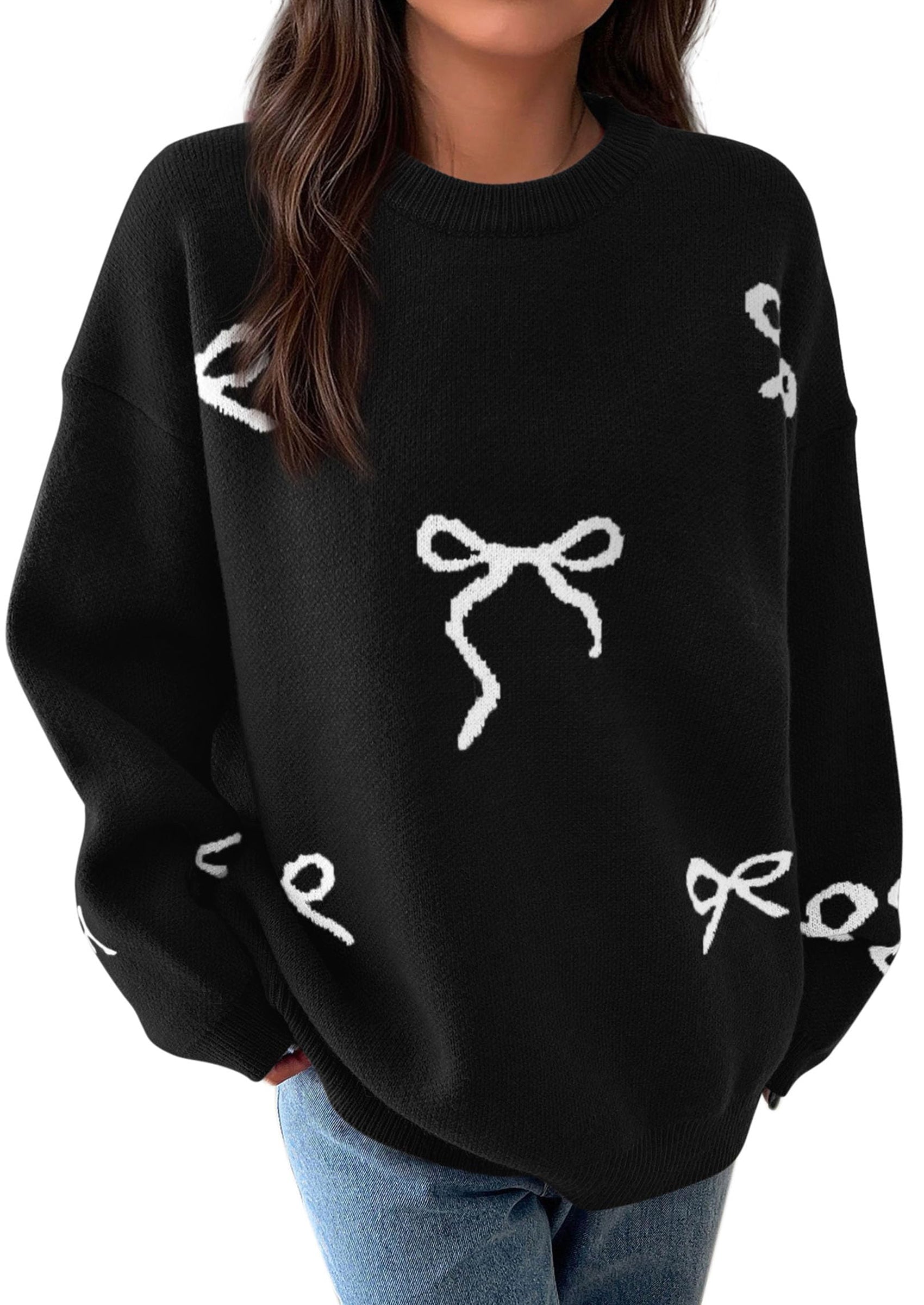 Fall Long Sleeve Pullover Sweaters for Women Trendy Crewneck Casual Cute Bow Chunky Knit Oversized Sweater