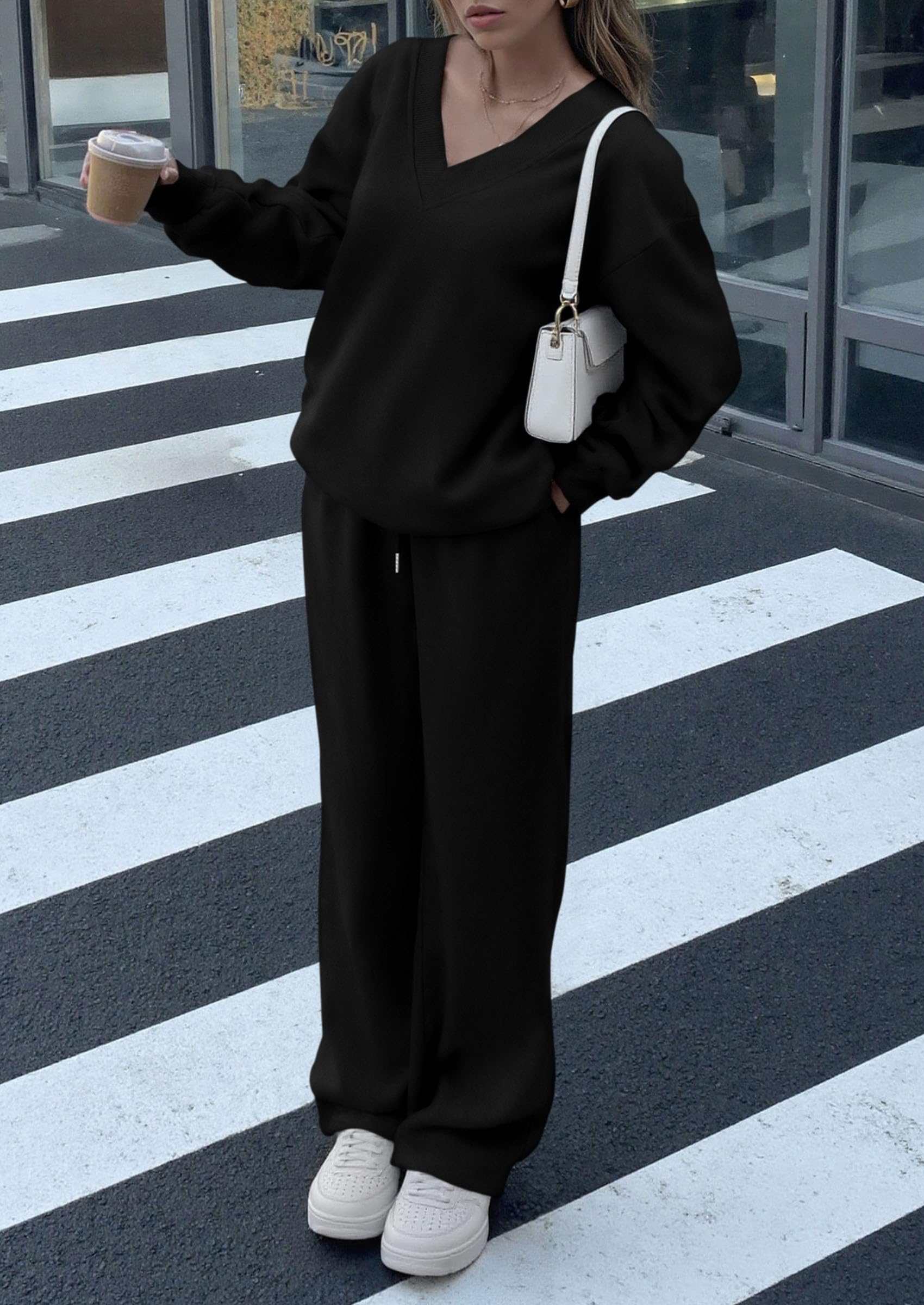 Casual Winter Two Piece Sets for Women V Neck Sweatshirt Loose Wide Leg Pants Tracksuit Knit Fall Outfits