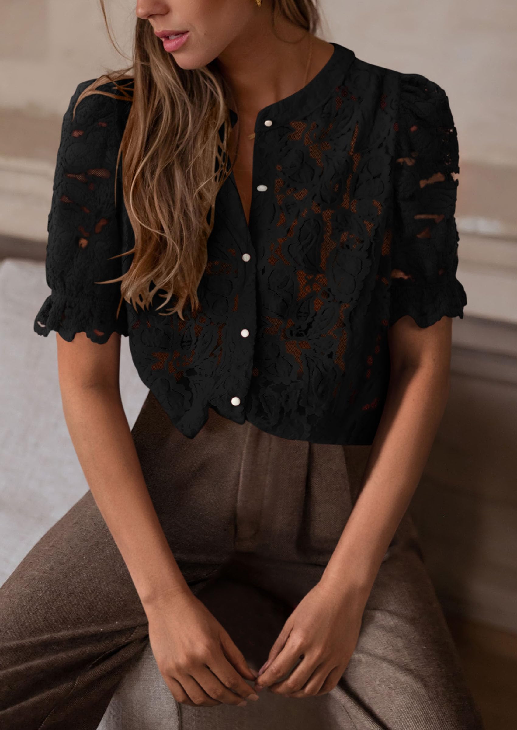 Womens Spring Lace Tops Short Puff Sleeve Casual Dressy Blouses Eyelet Crew Neck Button Down Shirts