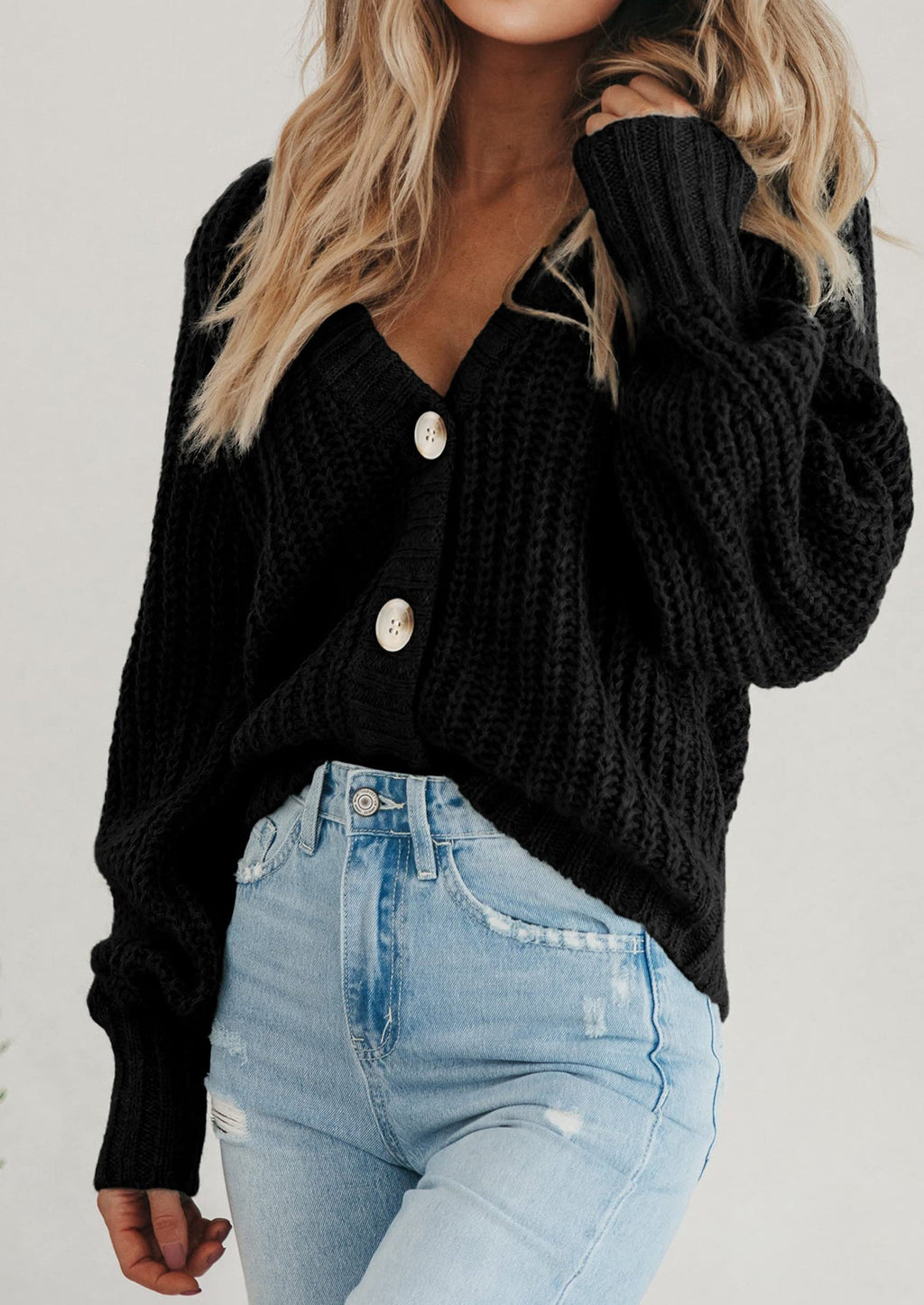 Women's Chunky Knit Open Front Sweater Long Sleeve Button Loose Short Cardigan Outerwear Coats