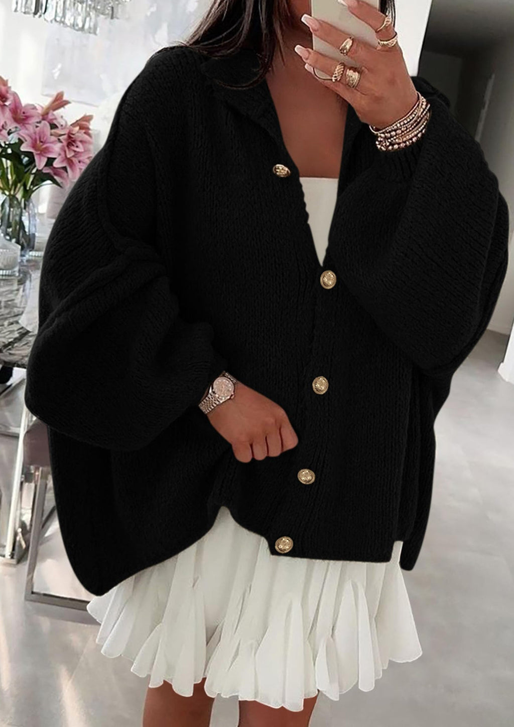 Women's Winter Button Down Cardigan Sweaters Mock Neck Lantern Long Sleeve Chunky Knit Jacket Trendy Outerwear