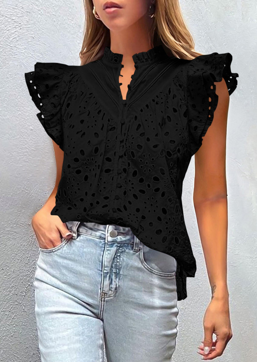Womens Summer Tops 2025 Dressy Casual Ruffle Cap Sleeve Button V Neck Embroidered Eyelet Blouses Shirts