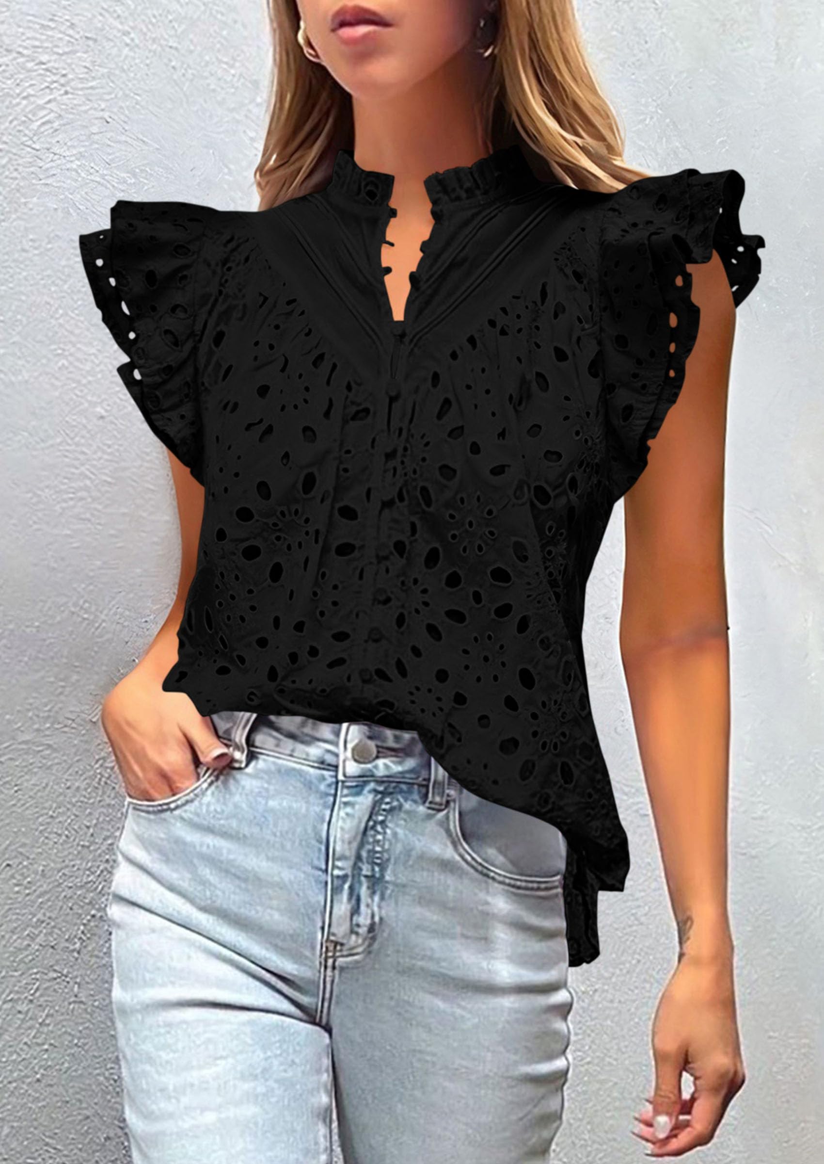 Womens Summer Tops 2025 Dressy Casual Ruffle Cap Sleeve Button V Neck Embroidered Eyelet Blouses Shirts