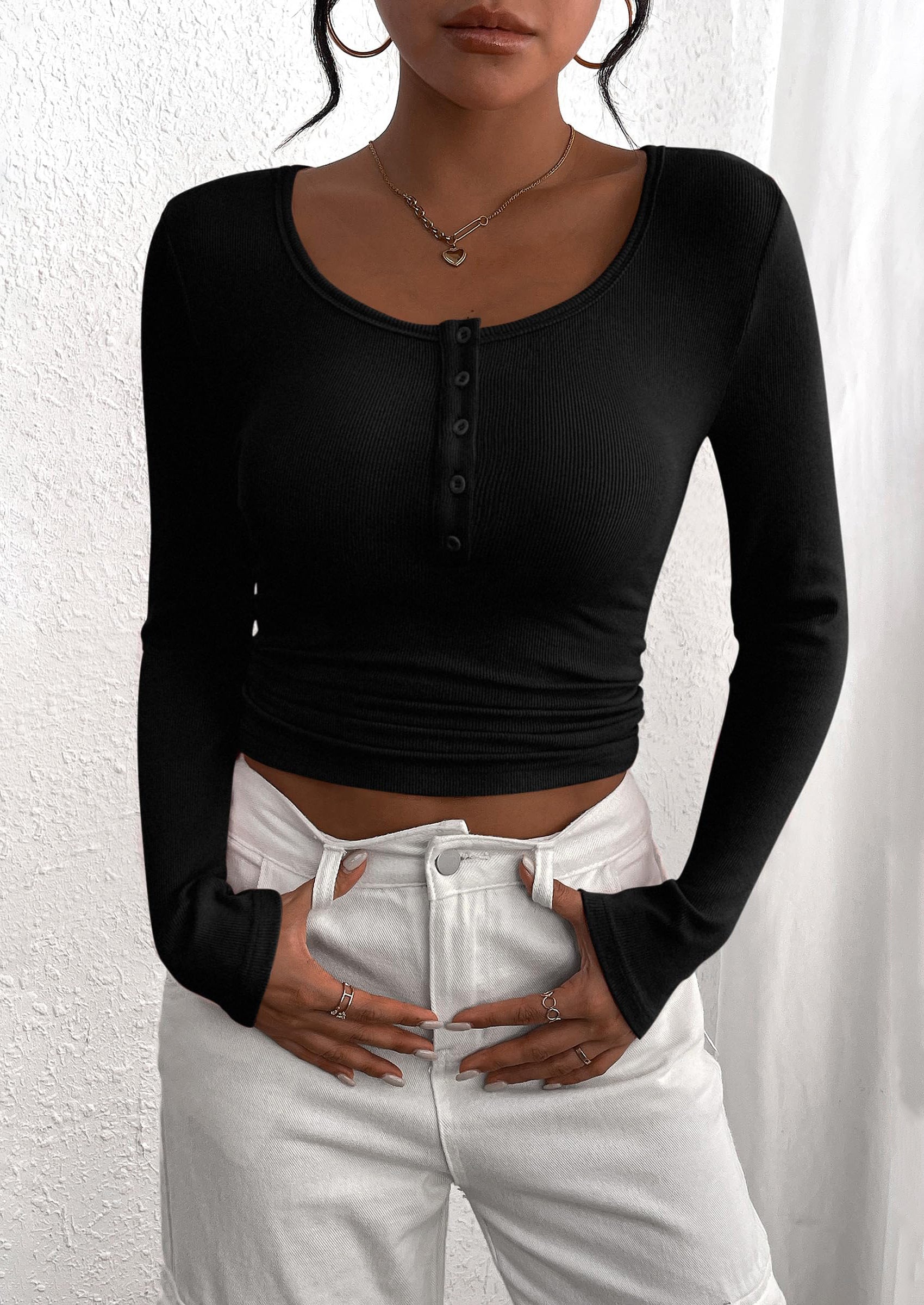 Women's Spring Fall Long Sleeve Henley T Shirts Button Ribbed Knit Slim Fit Casual Basic Tops Blouse