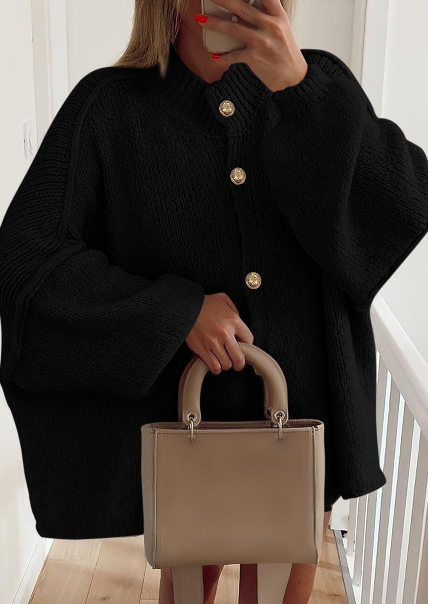 Women's Winter Button Down Cardigan Sweaters Mock Neck Lantern Long Sleeve Chunky Knit Jacket Trendy Outerwear