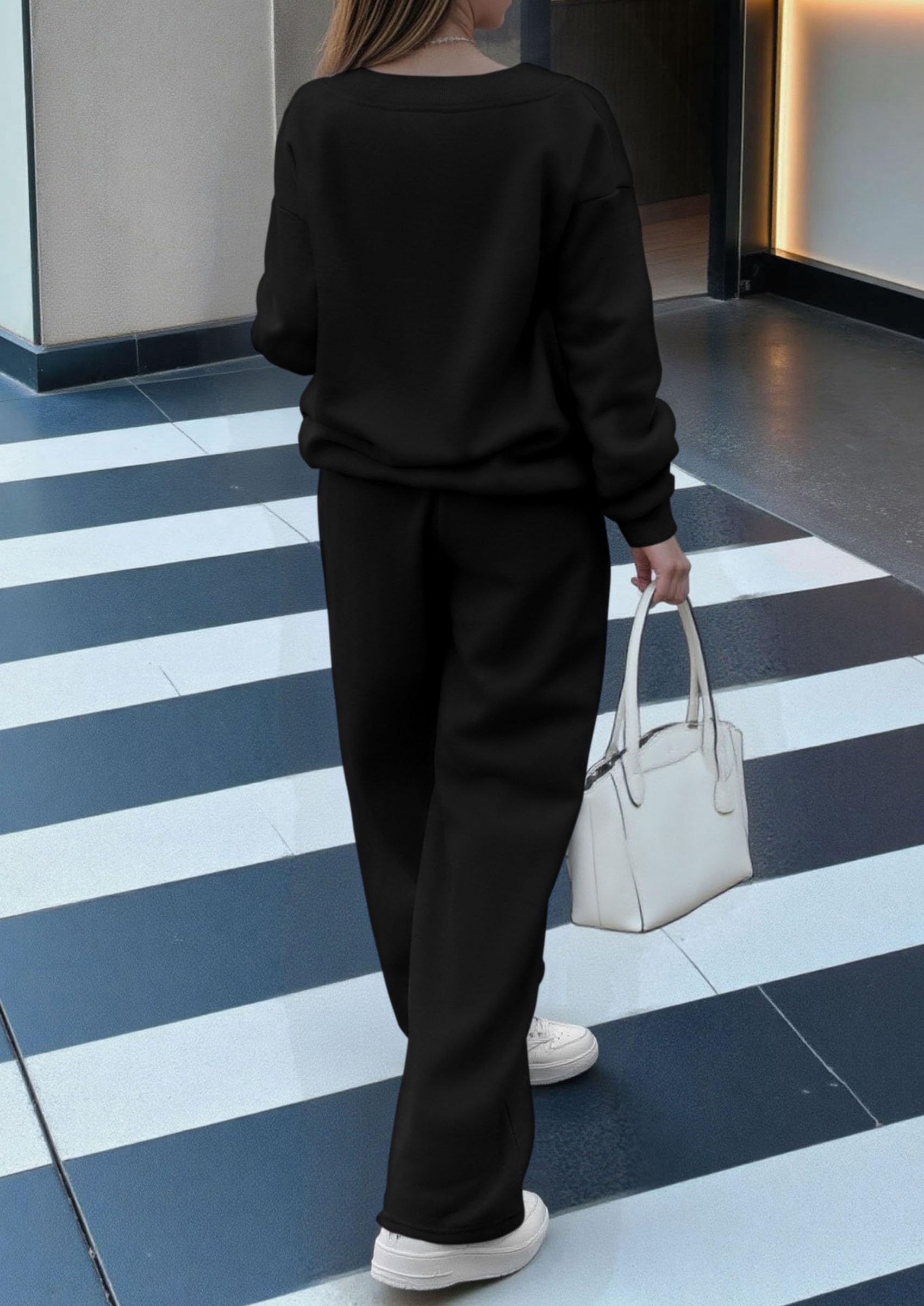 Casual Winter Two Piece Sets for Women V Neck Sweatshirt Loose Wide Leg Pants Tracksuit Knit Fall Outfits