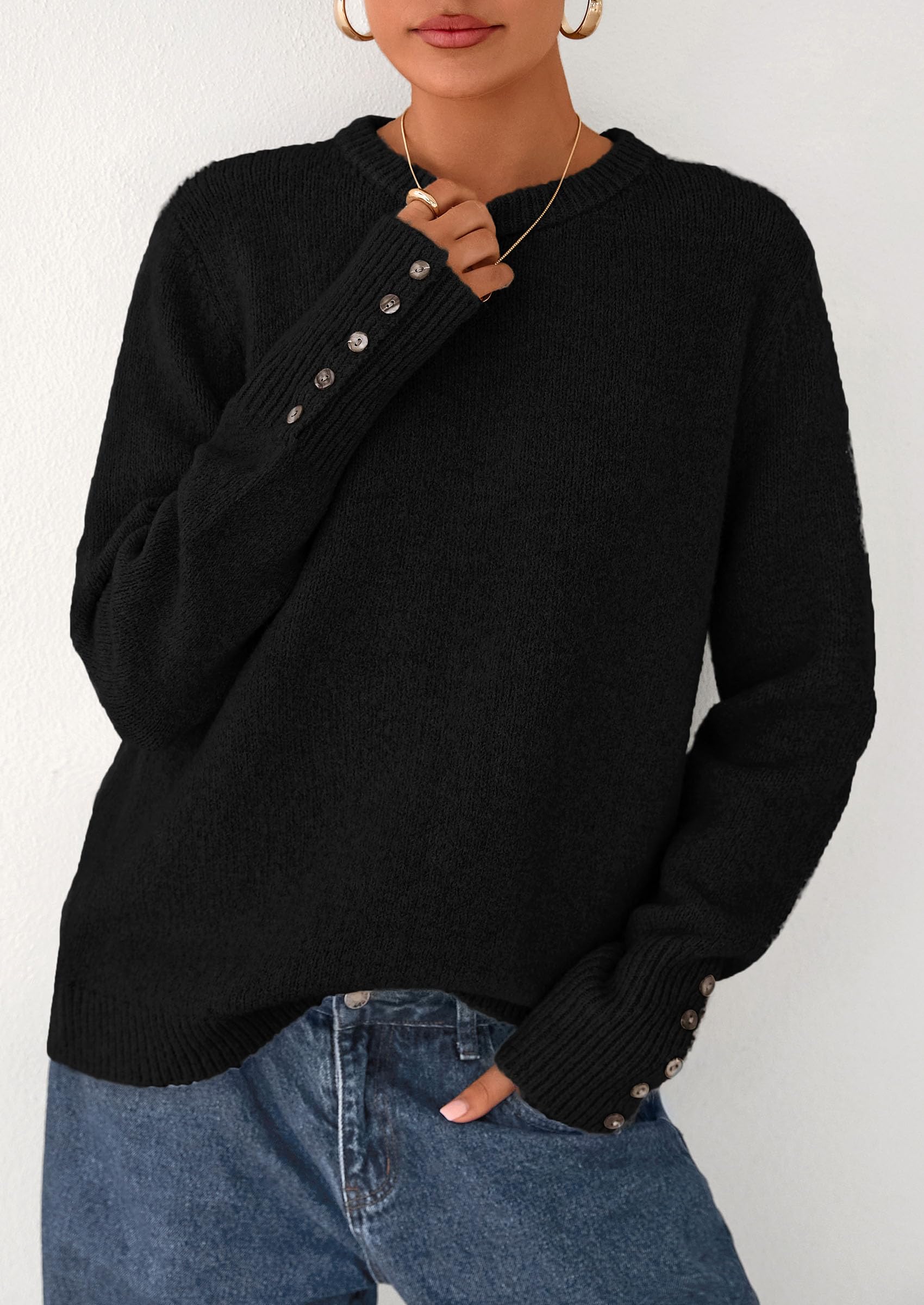 Womens Sweaters Fall Fashion Casual Crewneck Pullover Button Long Sleeve Cute Knit Tops Winter Clothes