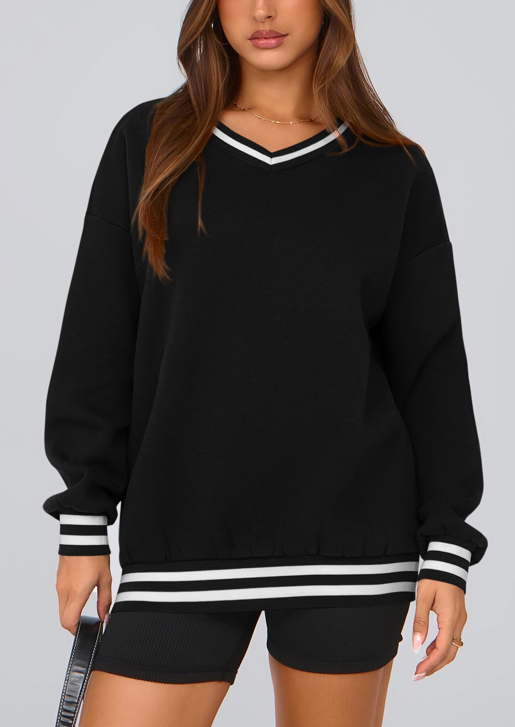 Women's Oversized Sweatshirts Casual Long Sleeve Stripes Knit V Neck Pullover Top Fall Teens Preppy Clothes