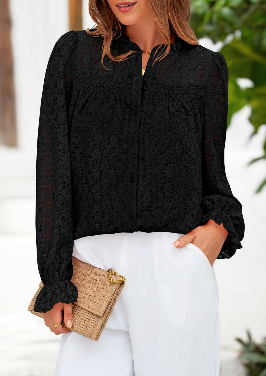 Lace Long Sleeve Tops for Women Eyelet Blouses Dressy Casual Hollow Out Button Down Shirts Summer Outfits