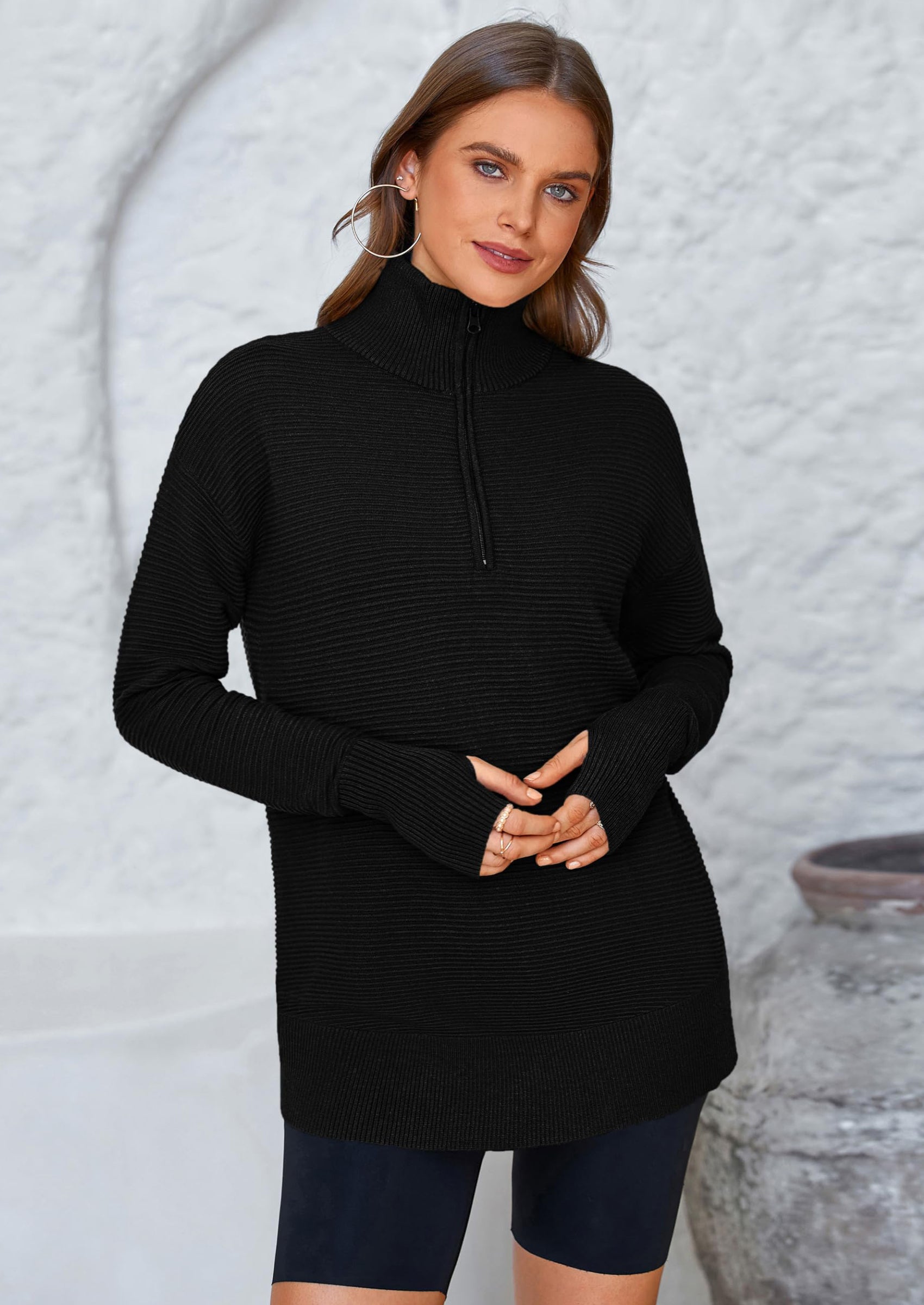 Womens Long Sleeve Quarter Zip Pullover Sweater Casual Loose V Neck Collared Ribbed Knit Jumper Tops Thumb Hole