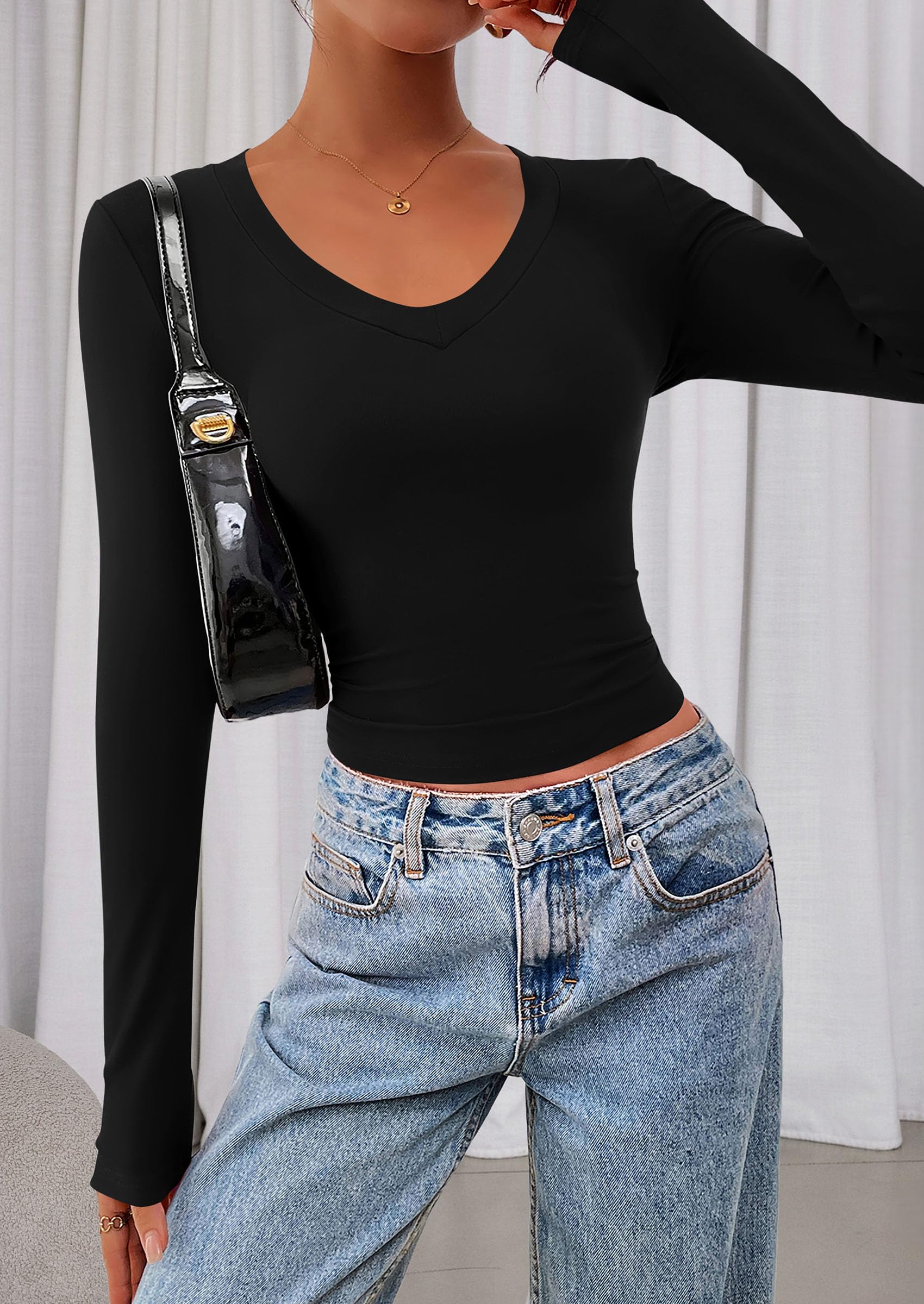 Womens Long Sleeve T Shirts Fall Trendy Deep V Neck Slim Fit Basic Crop Tops Casual Going Out Top