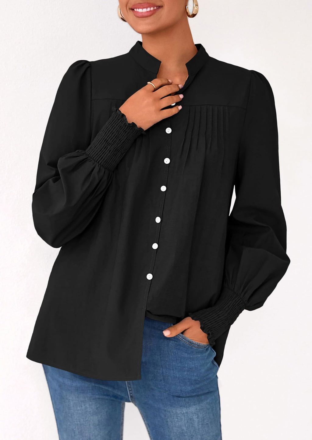 Womens Fall Lantern Long Sleeve Shirts Trendy Button V Neck Pleated Henley Tops Loose Work Blouses