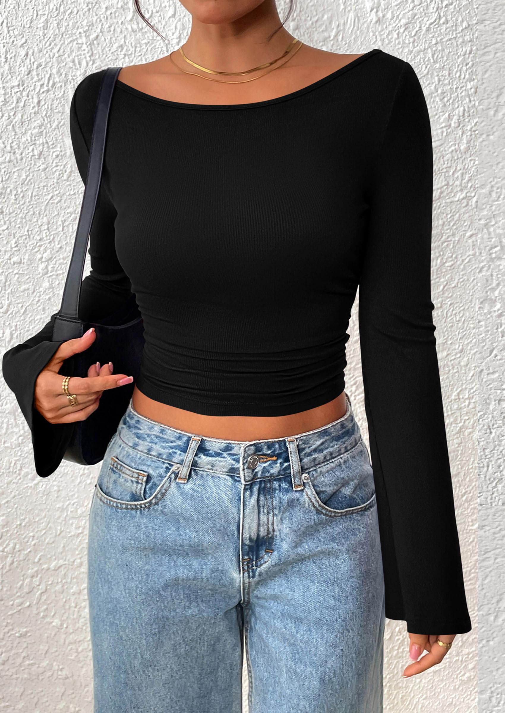 Women's Long Sleeve Shirts Fall Going Out Tops Casual Boat Neck Bell Sleeve Ribbed Ruched Y2K Clothes