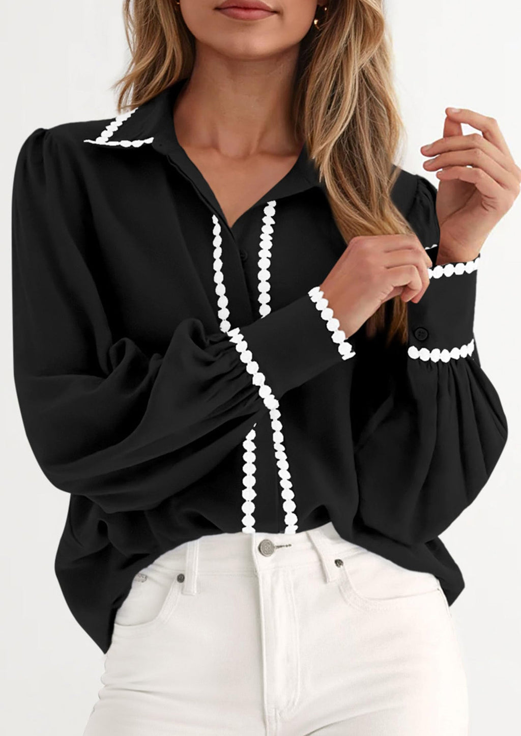 Womens Long Sleeve Button Down Shirts Trendy V Neck Loose Fit Fall Tops Collared Dressy Casual Blouses