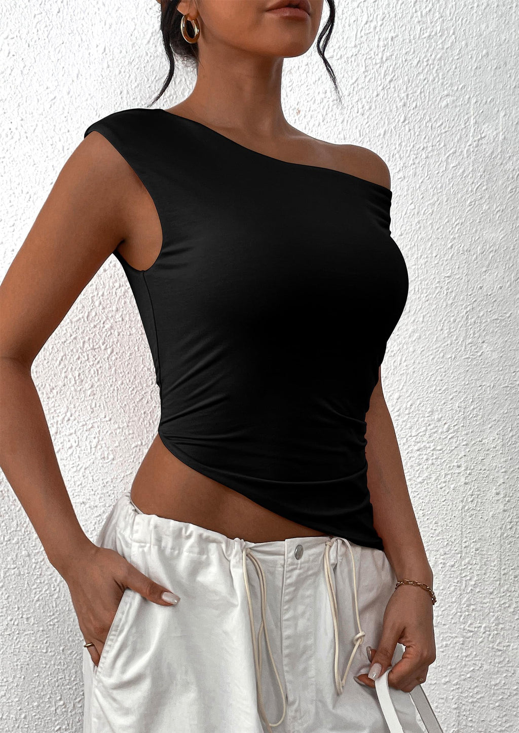 Womens Off The Shoulder Tops Summer Sleeveless One Shoulder Ruched Asymmetrical Y2K Going Out Crop Tank Top