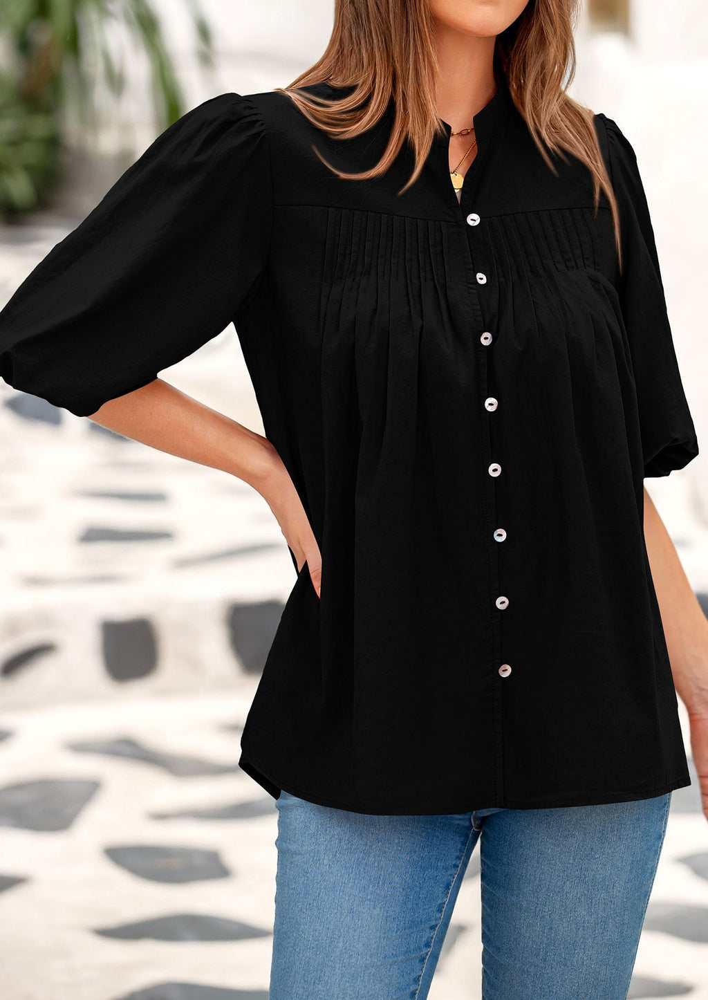 Women's Summer Short Lantern Sleeve Tops Loose Fit Button Down Shirt Casual Pleated V Neck Blouses