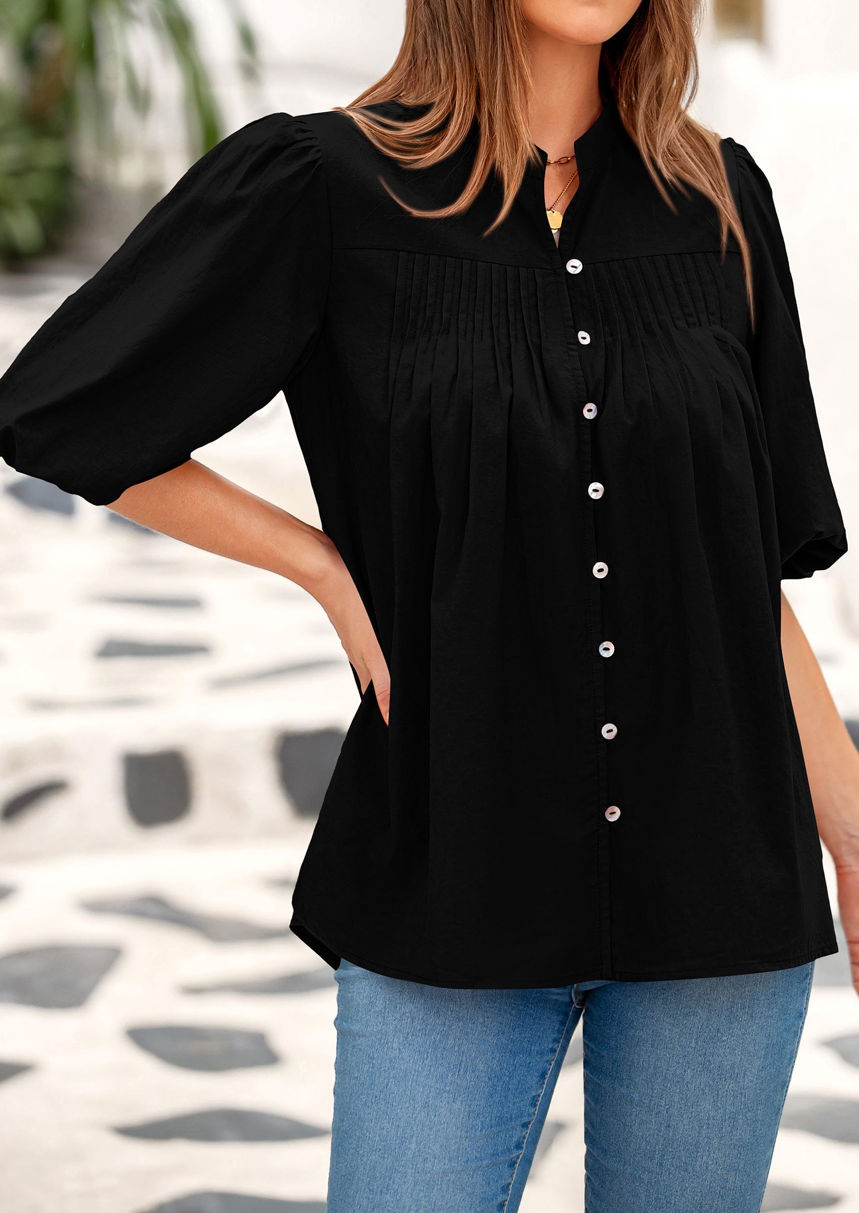 Women's Summer Short Lantern Sleeve Tops Loose Fit Button Down Shirt Casual Pleated V Neck Blouses