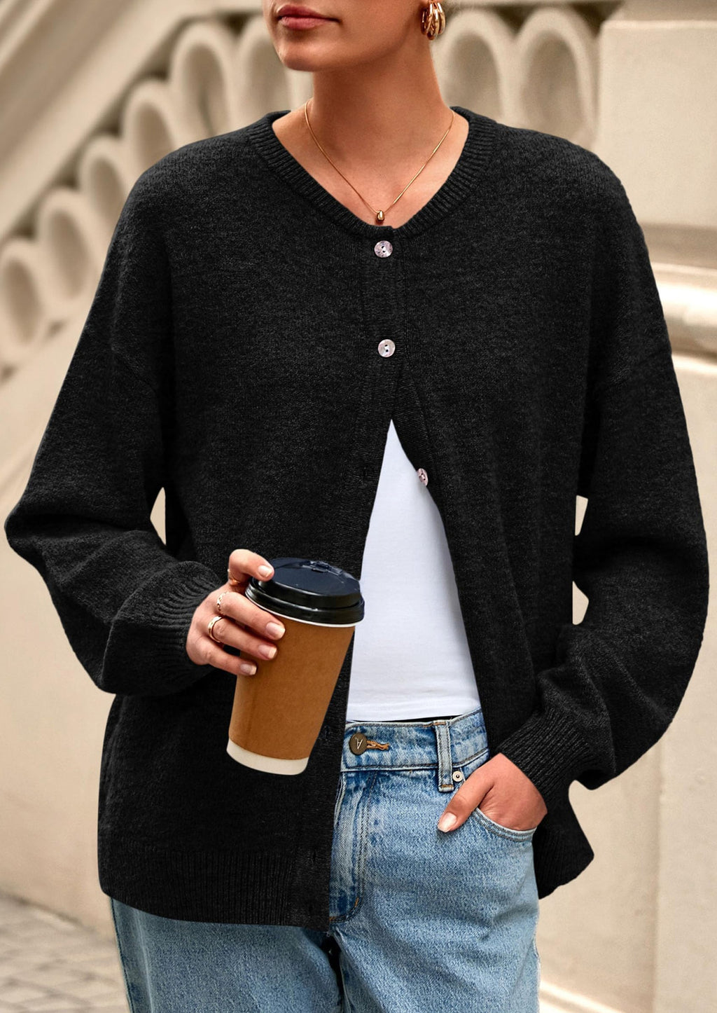 Fall Long Sleeve Cardigans for Women Trendy Open Front Winter Button Down Crewneck Soft Knit Sweater Jacket