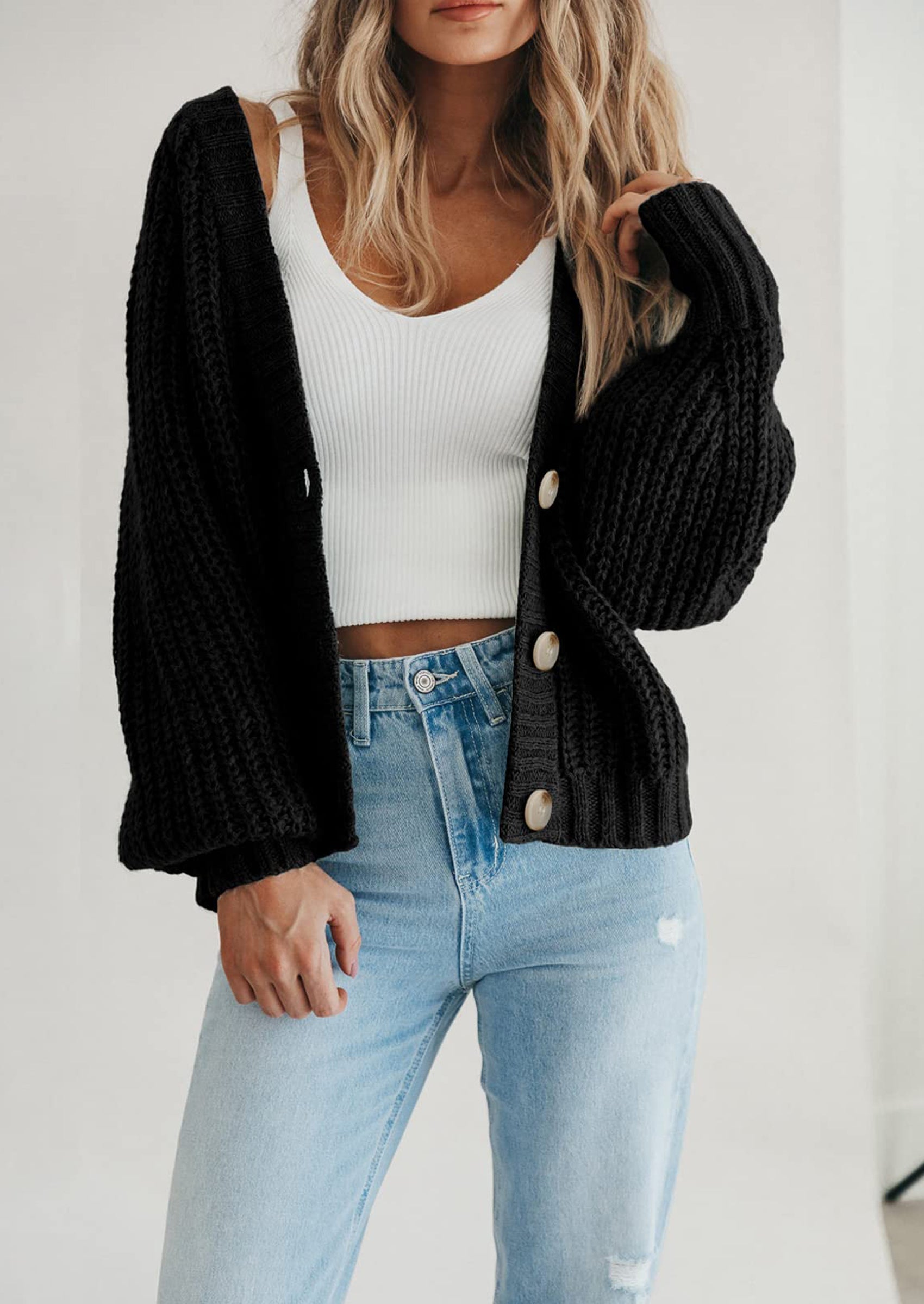 Women's Chunky Knit Open Front Sweater Long Sleeve Button Loose Short Cardigan Outerwear Coats