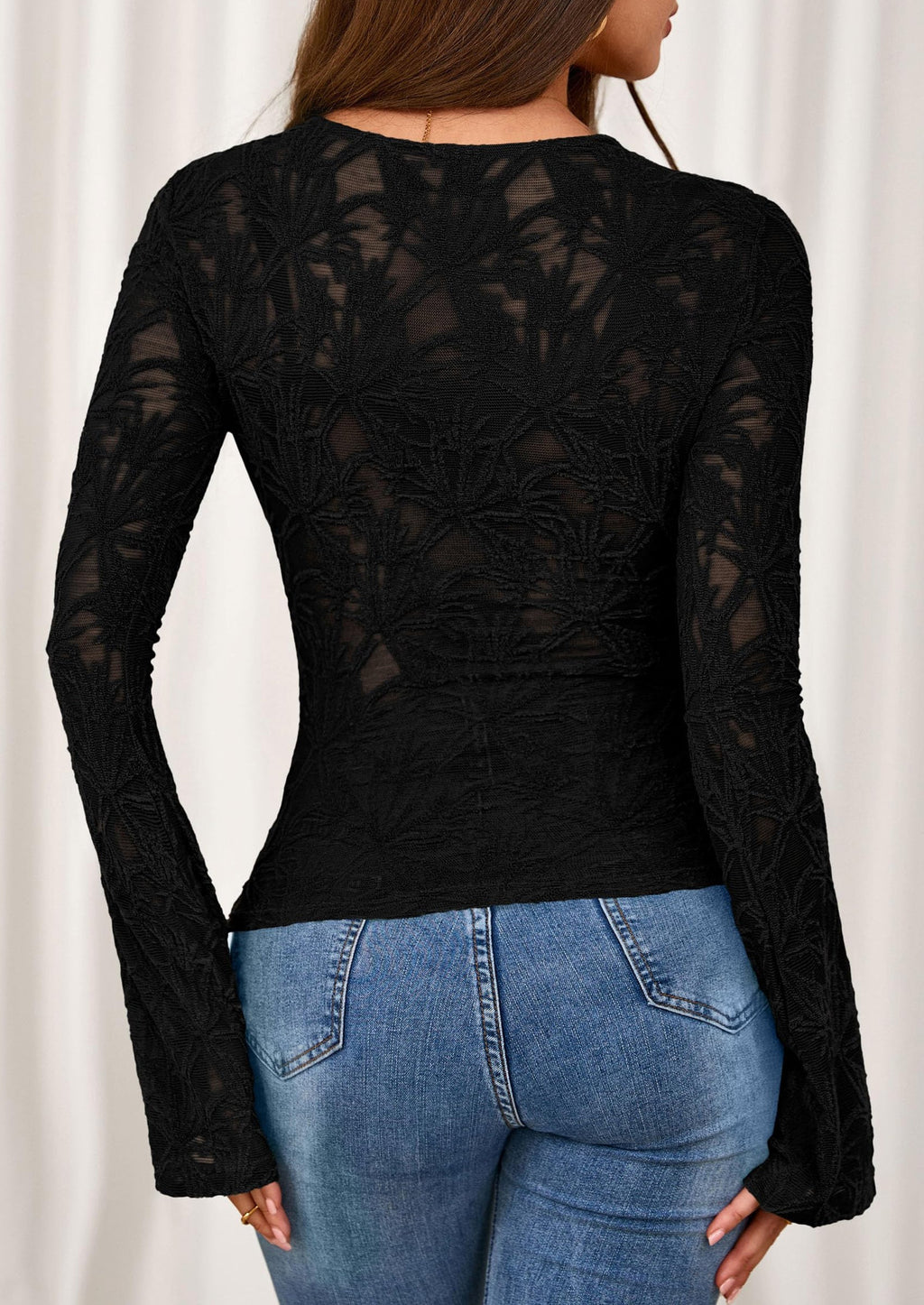 Womens Lace Long Bell Sleeve Tops Fall Sexy See Through Sheer Floral Blouse Shirt Fitted Going Out Outfits