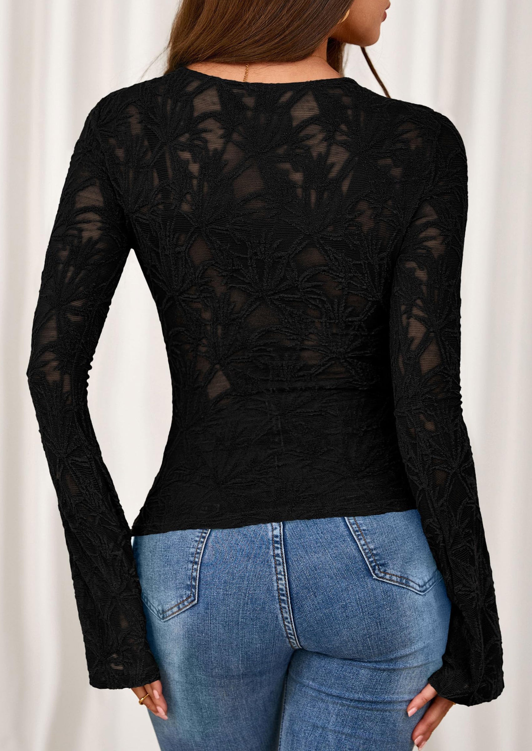Womens Lace Long Bell Sleeve Tops Fall Sexy See Through Sheer Floral Blouse Shirt Fitted Going Out Outfits