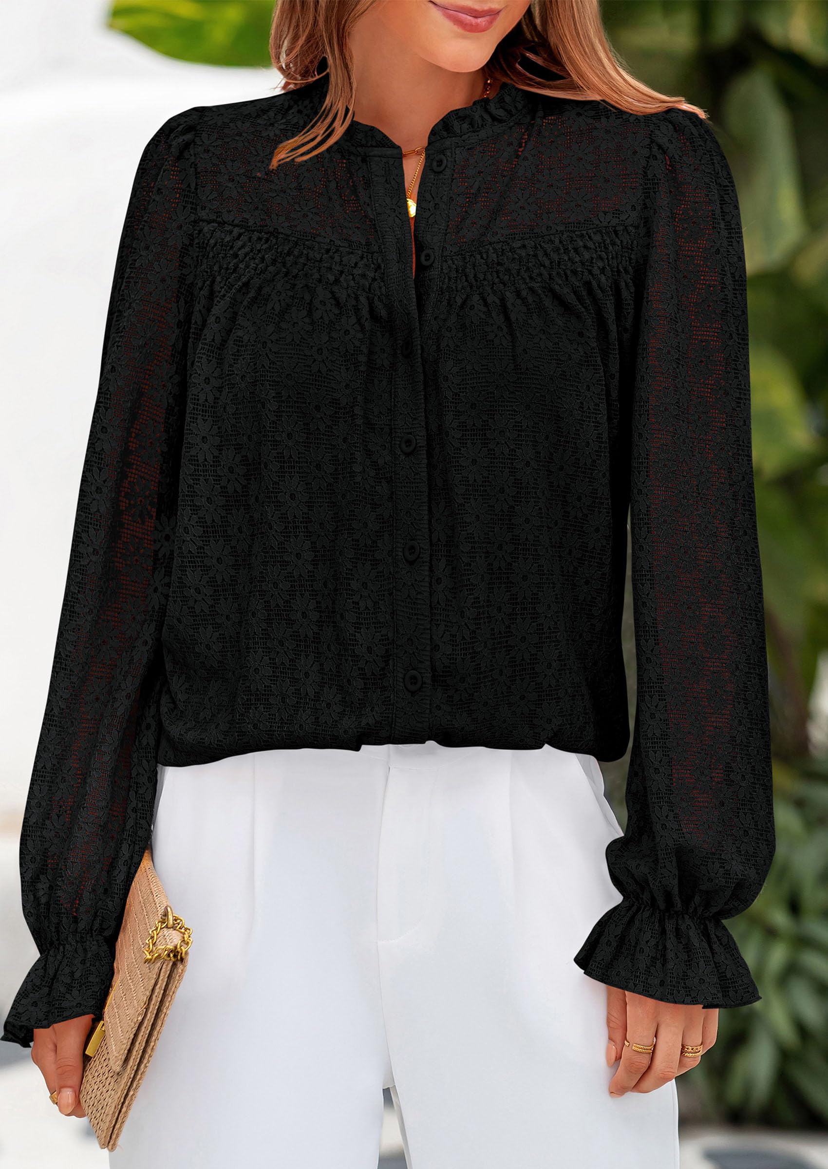 Lace Long Sleeve Tops for Women Eyelet Blouses Dressy Casual Hollow Out Button Down Shirts Summer Outfits