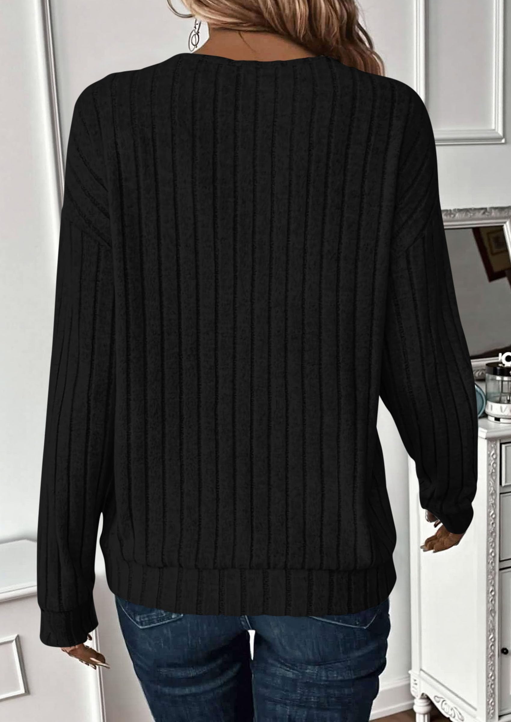 Fall Fashion Long Sleeve Shirts for Women Ribbed Knit V Neck Dressy Casual Lightweight Sweaters Tunic Tops