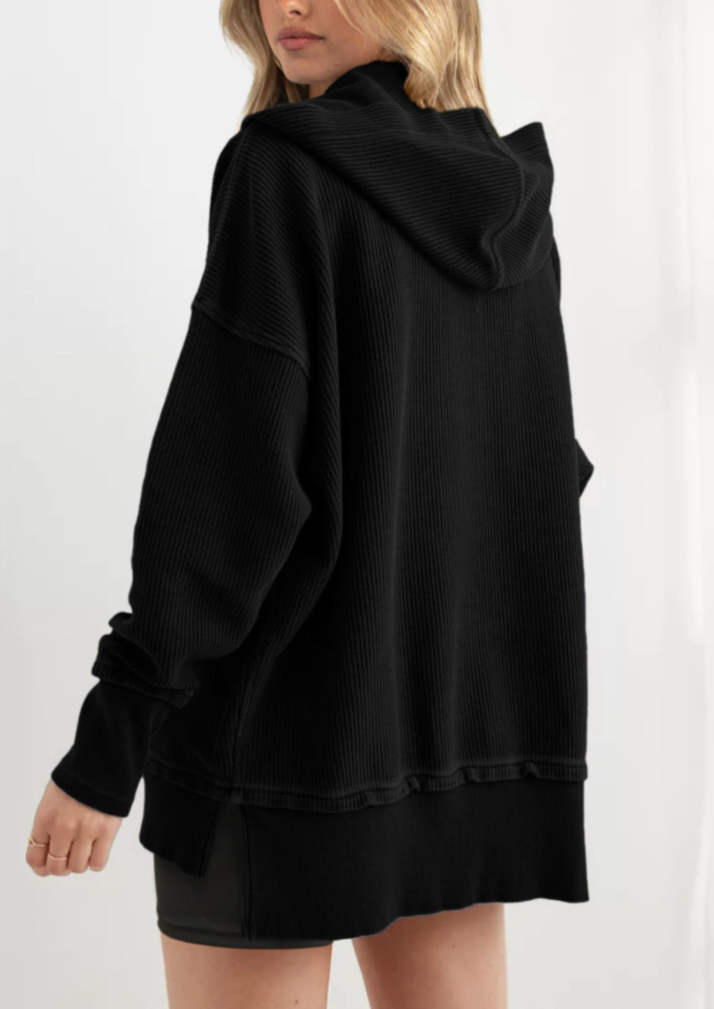 Womens Fashion Oversized Long Sleeve Hoodie Button Down V Neck Sweatshirt Side Slit Casual Pullover Tops