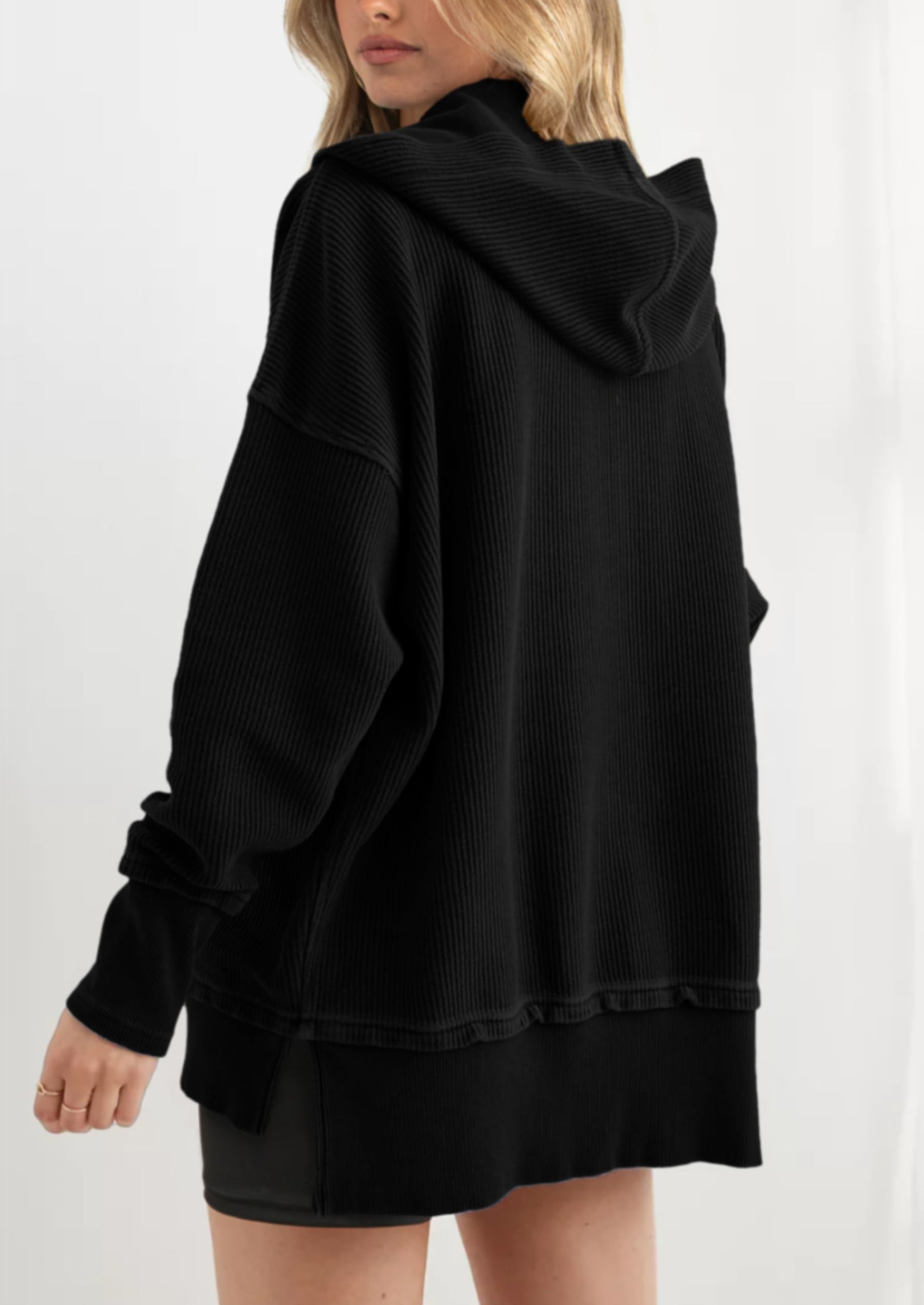 Womens Fashion Oversized Long Sleeve Hoodie Button Down V Neck Sweatshirt Side Slit Casual Pullover Tops