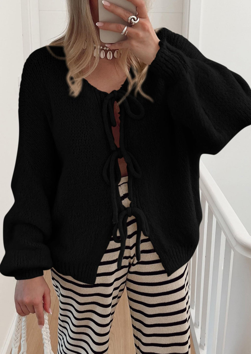 Women's Tie Front Bow Cardigan Sweaters Chunky Knit Long Puff Sleeve Trendy Fall Winter Jacket Coats