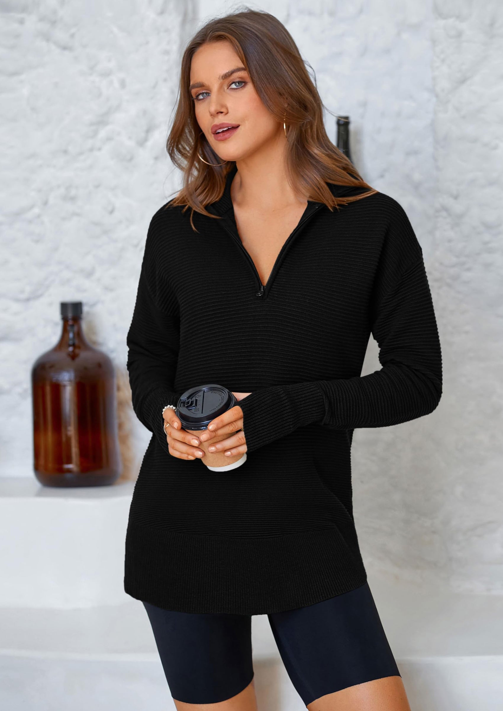 Womens Long Sleeve Quarter Zip Pullover Sweater Casual Loose V Neck Collared Ribbed Knit Jumper Tops Thumb Hole