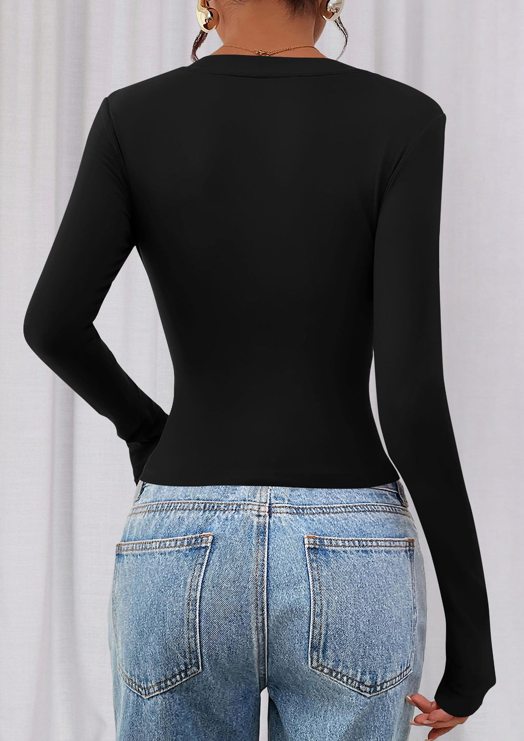 Womens Long Sleeve T Shirts Fall Trendy Deep V Neck Slim Fit Basic Crop Tops Casual Going Out Top