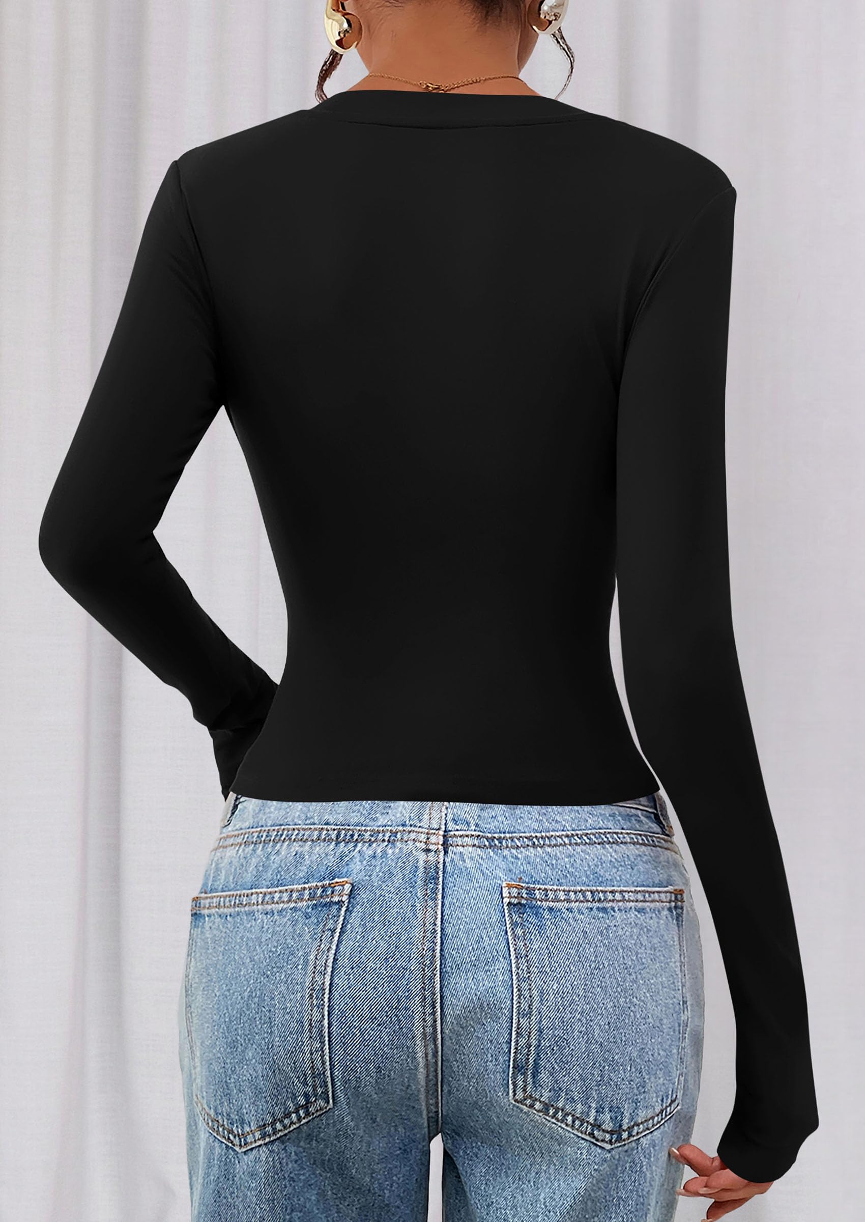 Womens Long Sleeve T Shirts Fall Trendy Deep V Neck Slim Fit Basic Crop Tops Casual Going Out Top