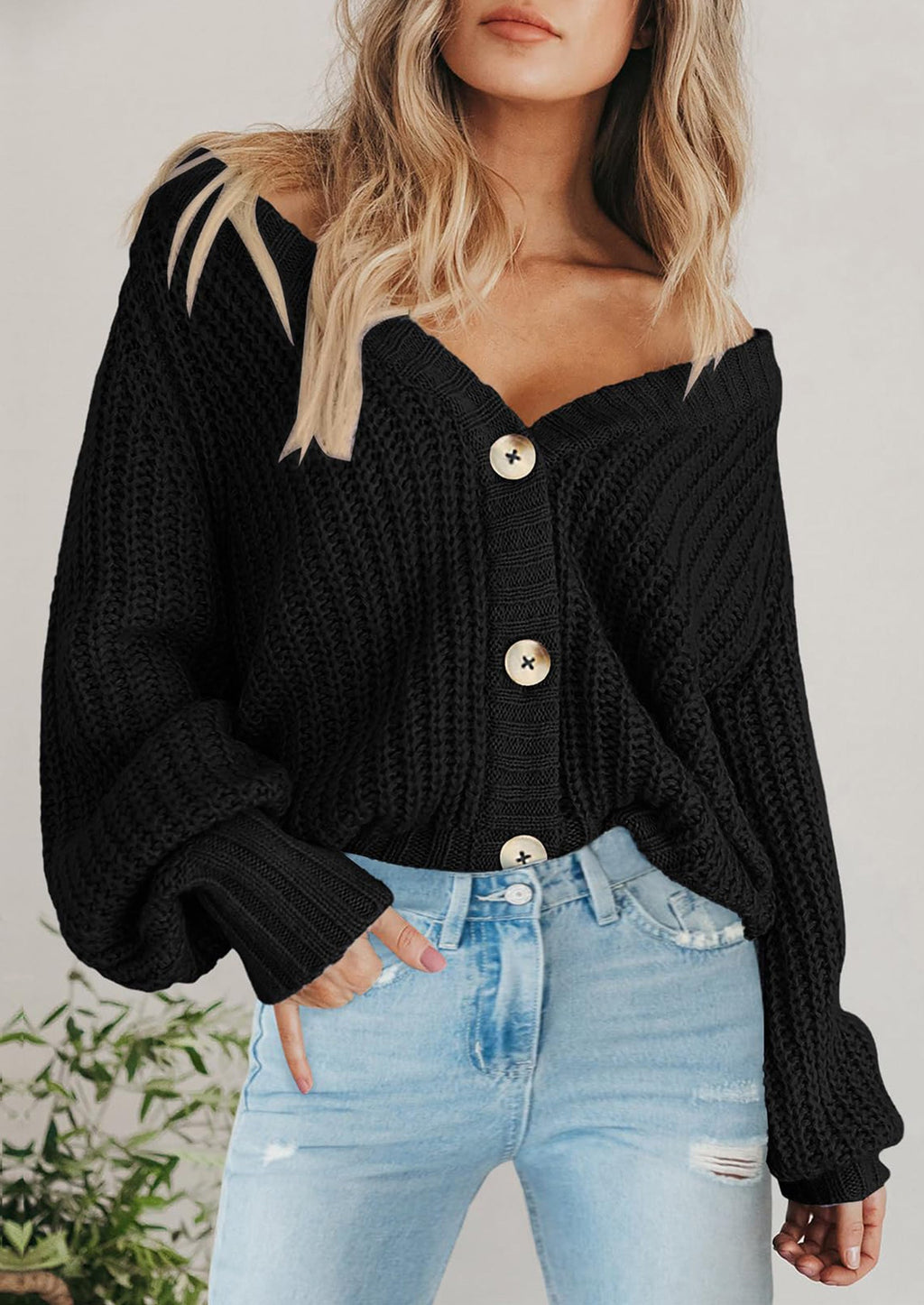 Women's Chunky Knit Open Front Sweater Long Sleeve Button Loose Short Cardigan Outerwear Coats