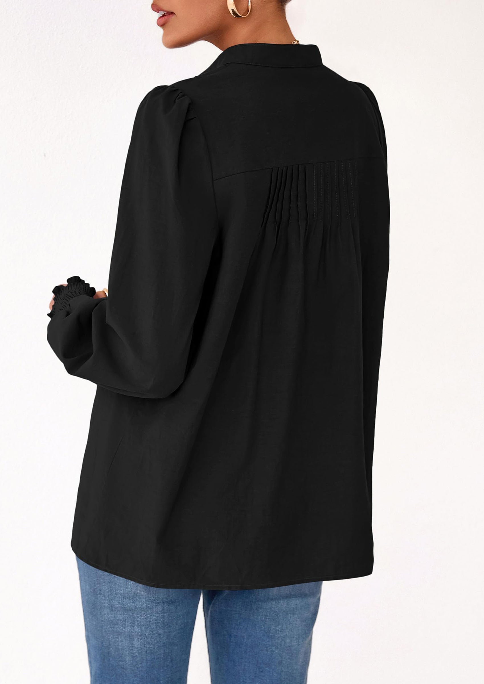 Womens Fall Lantern Long Sleeve Shirts Trendy Button V Neck Pleated Henley Tops Loose Work Blouses