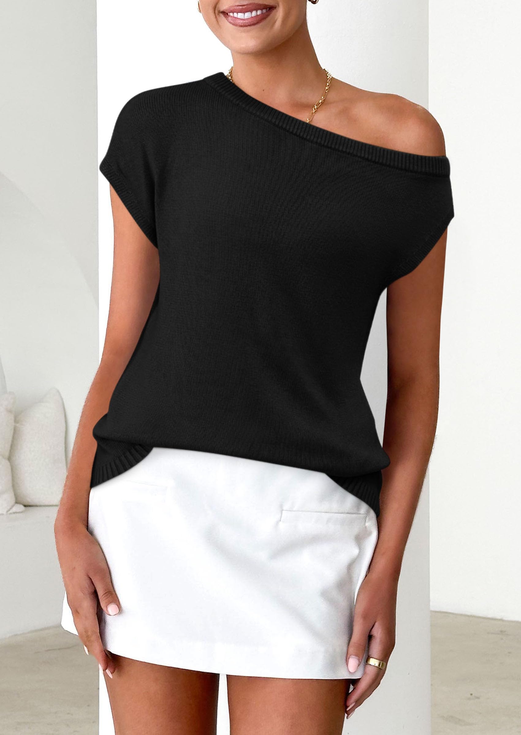 Womens Off The Shoulder Tops Summer Casual Short Sleeve Tunic T Shirts Lightweight Knit Sweaters