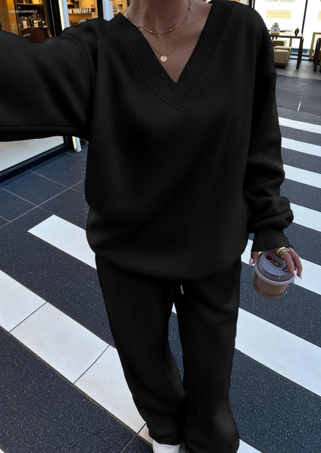 Casual Winter Two Piece Sets for Women V Neck Sweatshirt Loose Wide Leg Pants Tracksuit Knit Fall Outfits