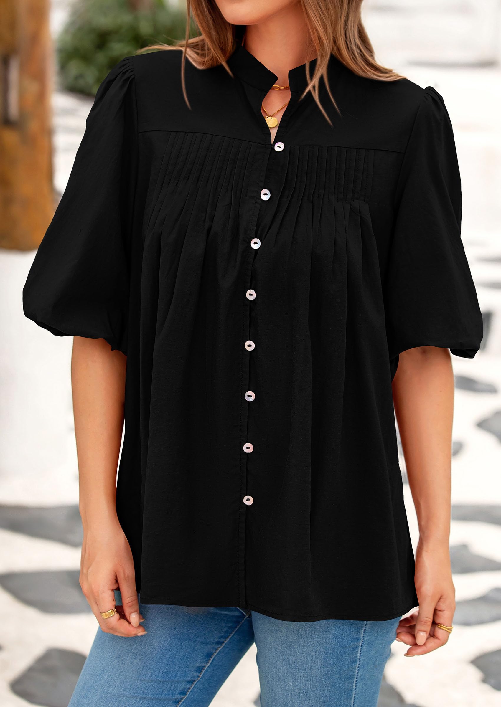 Women's Summer Short Lantern Sleeve Tops Loose Fit Button Down Shirt Casual Pleated V Neck Blouses
