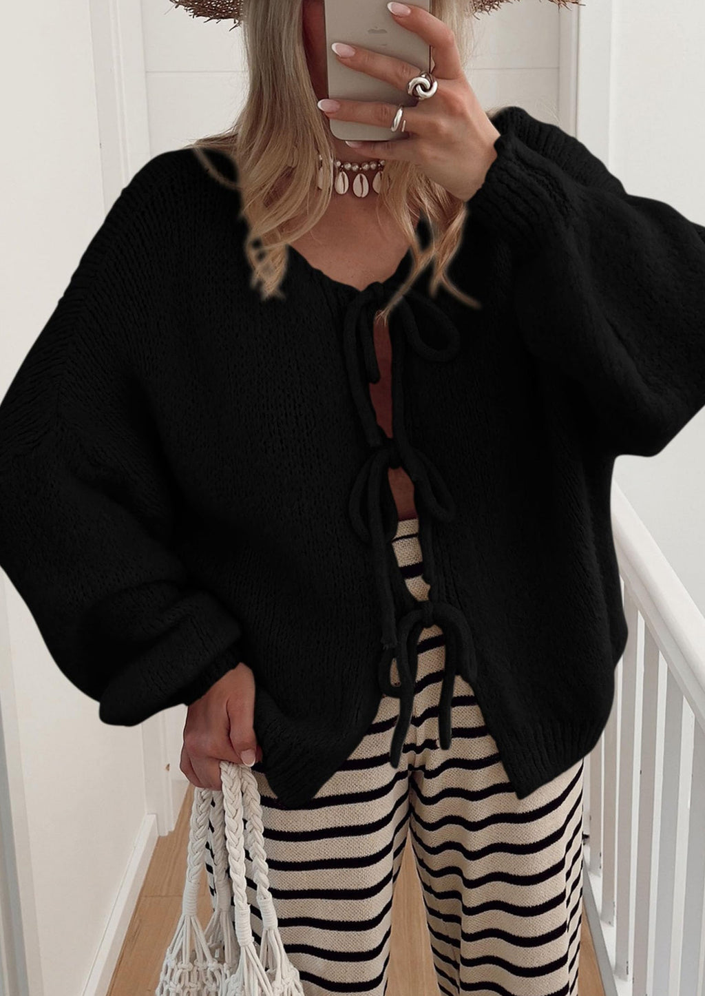 Women's Tie Front Bow Cardigan Sweaters Chunky Knit Long Puff Sleeve Trendy Fall Winter Jacket Coats