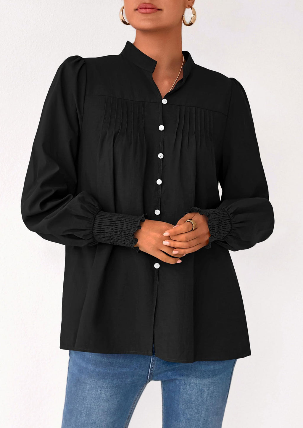 Womens Fall Lantern Long Sleeve Shirts Trendy Button V Neck Pleated Henley Tops Loose Work Blouses