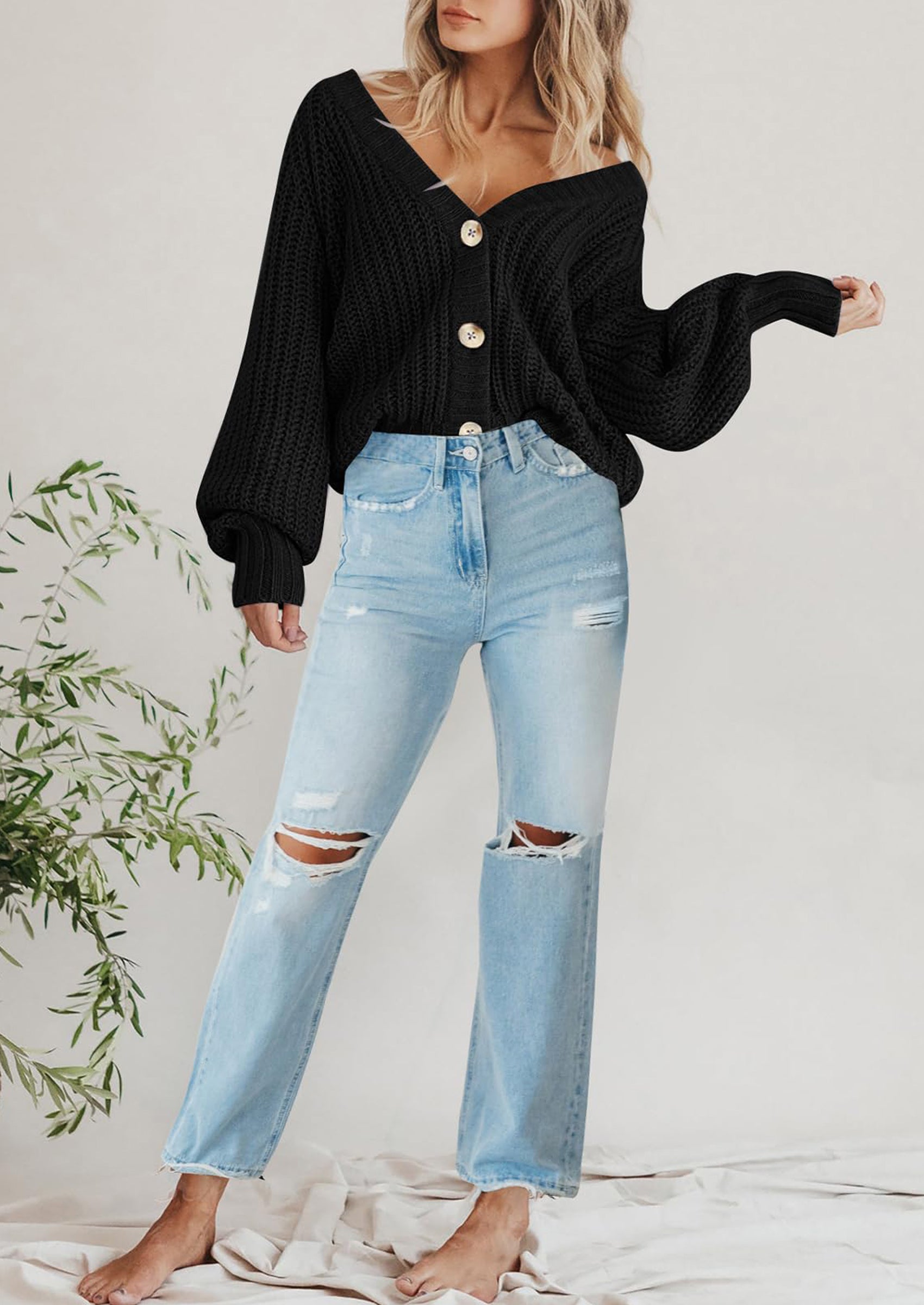 Women's Chunky Knit Open Front Sweater Long Sleeve Button Loose Short Cardigan Outerwear Coats