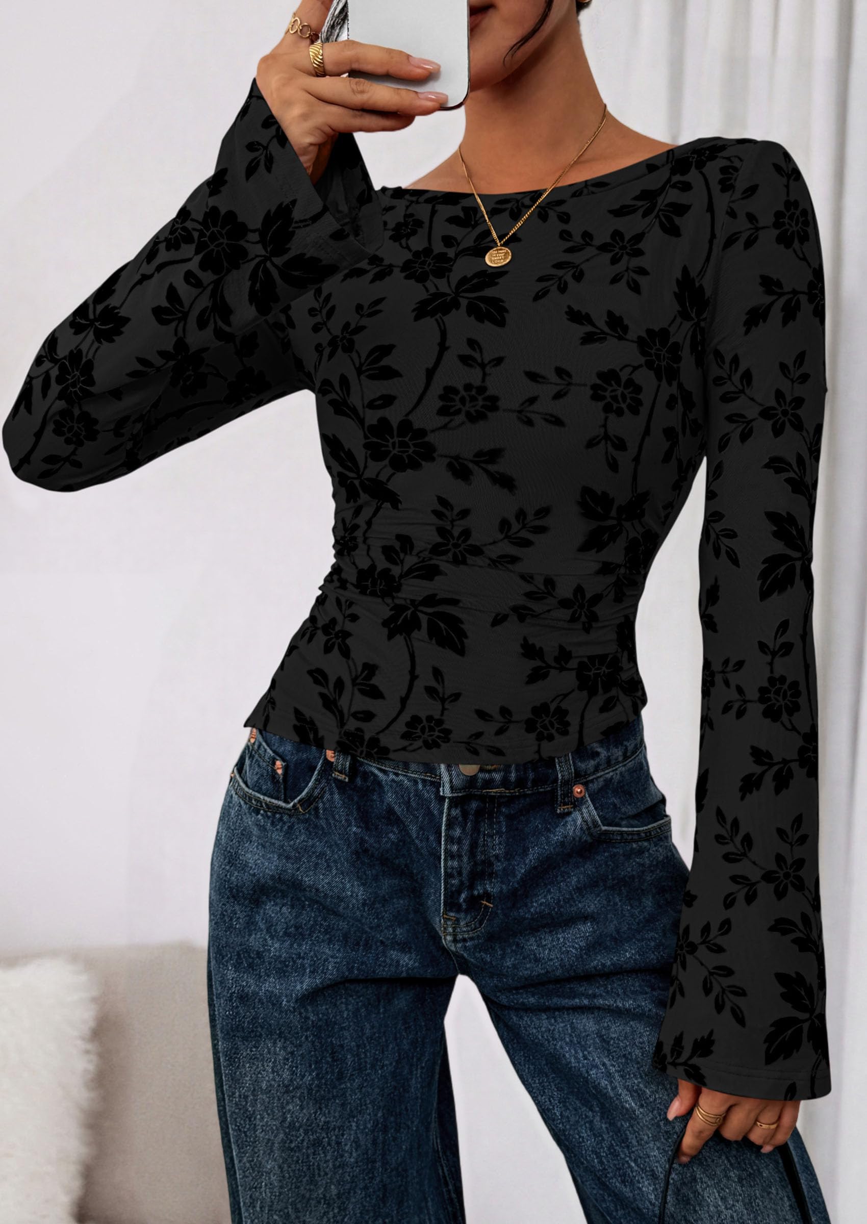 Women Long Sleeve Floral Mesh Tops Blouse  Fall Trendy Boat Neck Ruched Fitted Shirt Going Out Date Outfits