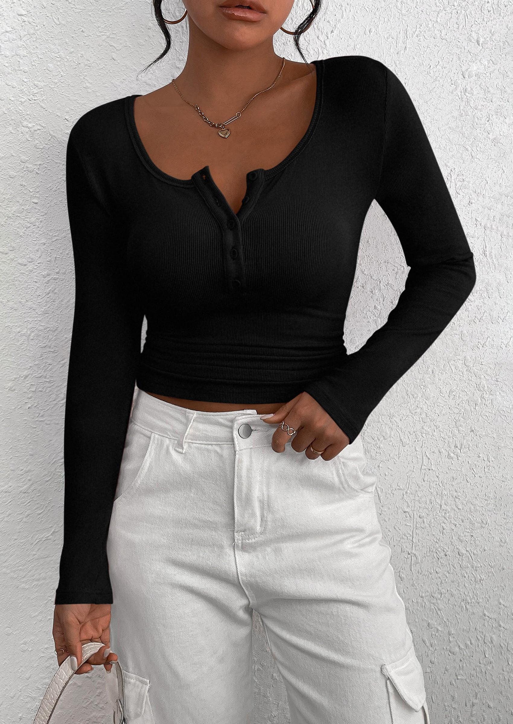 Women's Spring Fall Long Sleeve Henley T Shirts Button Ribbed Knit Slim Fit Casual Basic Tops Blouse